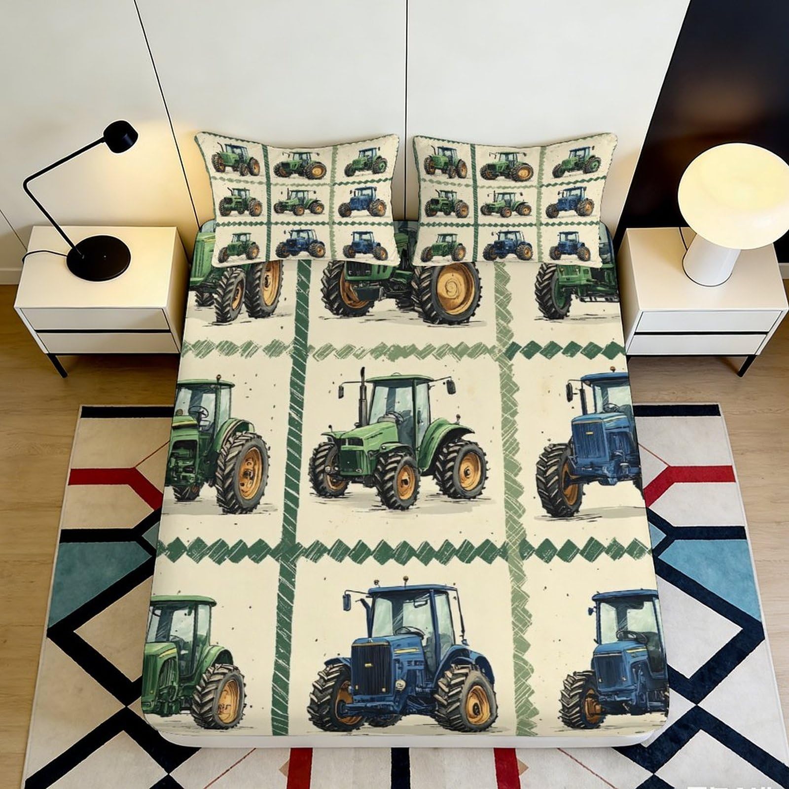 3D Printed Green Tractor Fitted Sheet Microfiber Soft Mattress Cover Blue Farm Vehicle for Bedroom Dorm Decor 160x200x25cm
