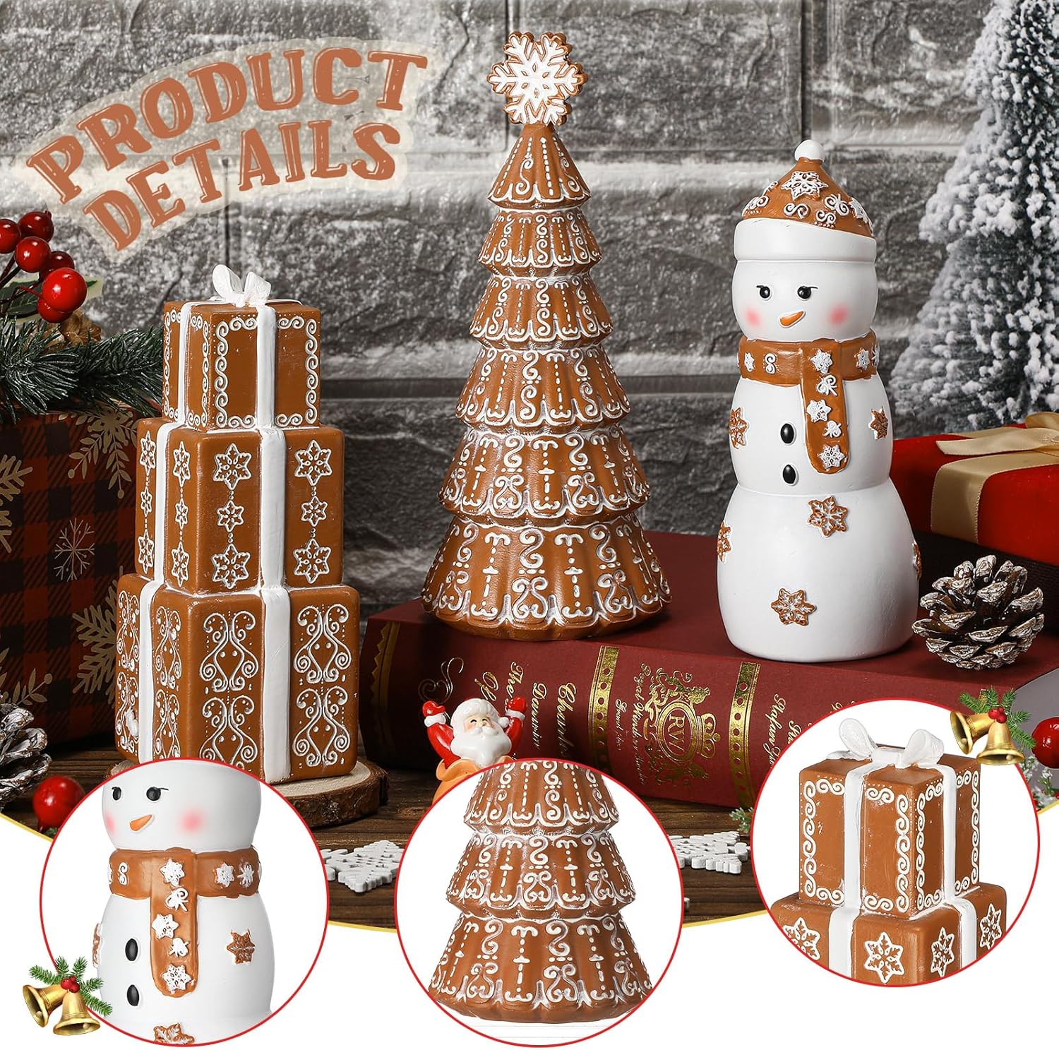 Kathfly 3 Pcs Christmas Winter Gingerbread Figurines Set Resin Snowman Gingerbread Tree Collectible Gift Table Centerpiece for Home Christmas Holiday Shelf Mantel Table Display - Image 3