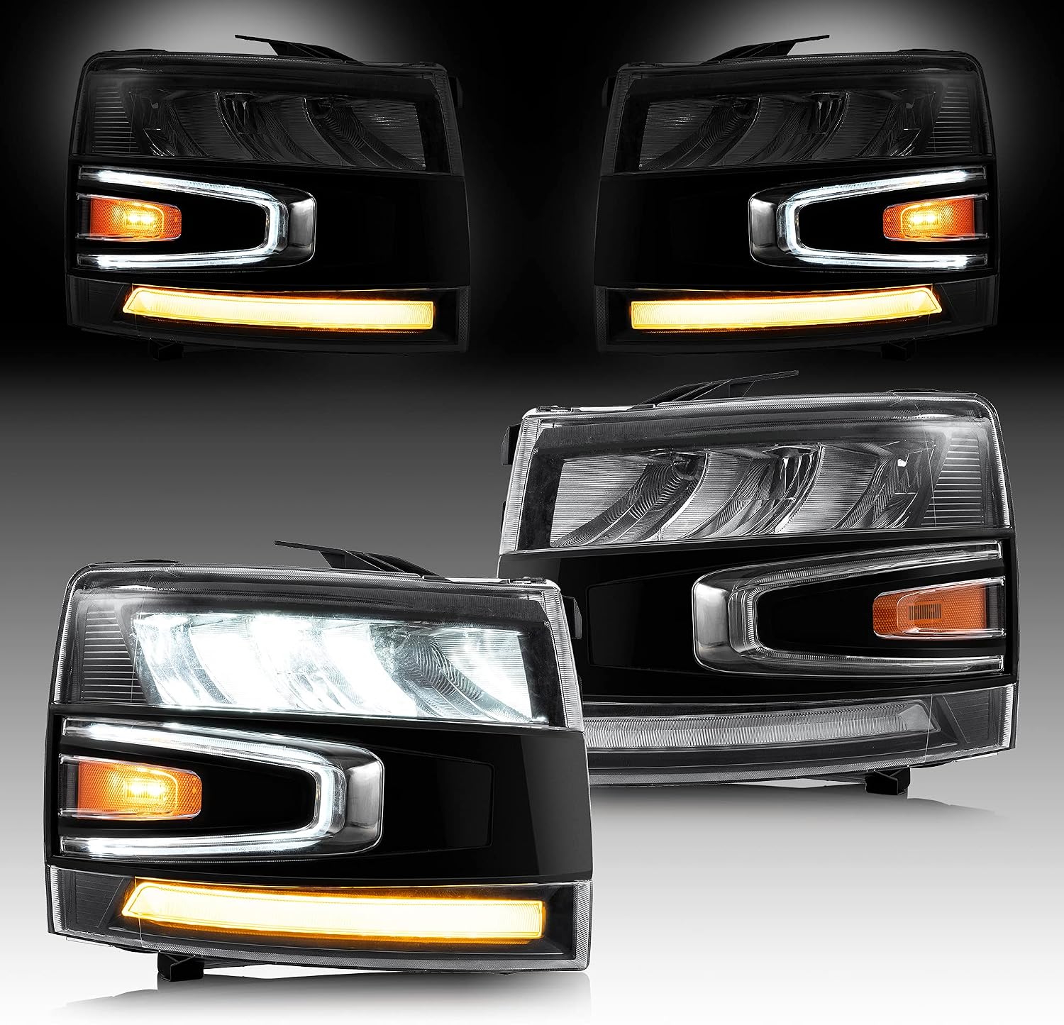 VLAND LED Reflective Bowl Headlights Compatible With 2007-2013 Chevy Silverado 1500 / 2500HD /3500HD (No fit 2007 Silverado Classic), With Sequential Turn Signal, HI/LOW Beam Lens, Plug-N-Play