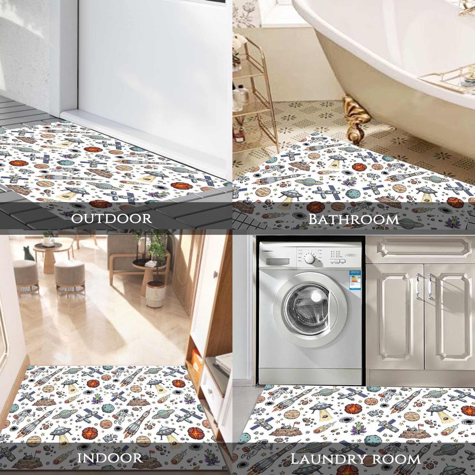 Felpudo Entrada Casa 80x120cm Alfombra Atrapapolvo Platillo Cohete Astronauta, Alfombrilla Pasillo Antideslizante Espacio Dibujos Animados Estadounidenses Tapete Lavable para una Entrada Limpia