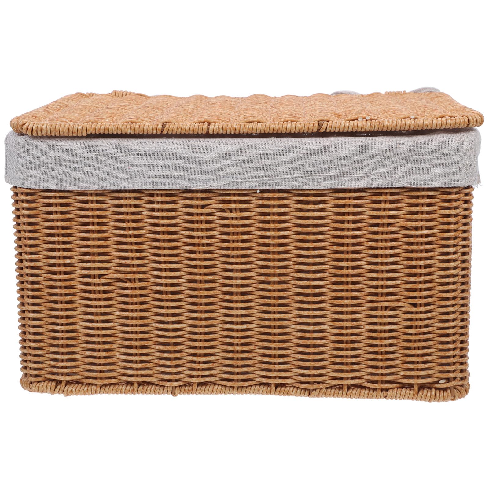 Cesta Rectangular de Almacenamiento Tejida con Tapa y Asas, Contenedor de Paja con Forro de Tela para Guardar Juguetes y Libros, Decoración Elegante Hogar
