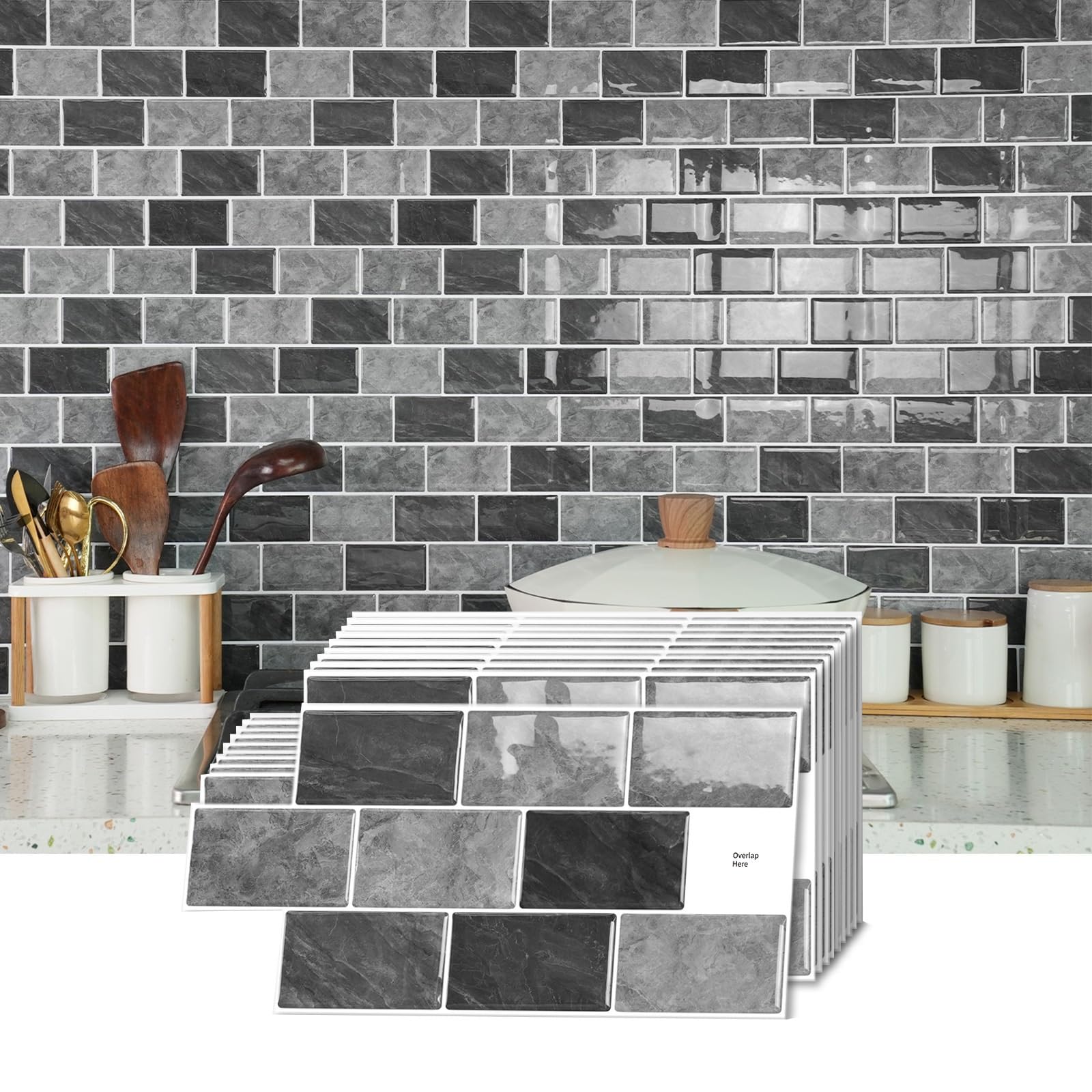 Sohouu 48Pcs 3D Tile Wall Sticker Self-Adhesive Waterproof Decor(48Pcs)