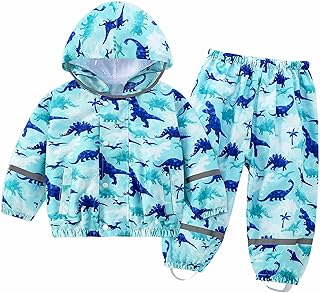 FILOWA Children's Rain Suit Waterproof Lightweight Rain Jacket and Rain Trousers Breathable Rain Clothing Hood Rain Set Animal Motifs Two Piece Mud Suit Rainproof Clothing for Girls Boys 1-7 Years