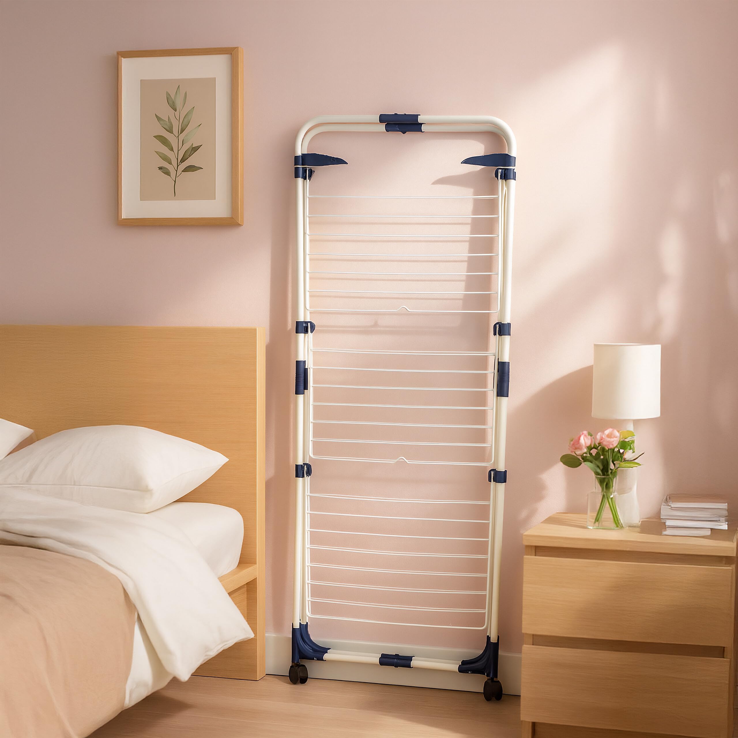 Relaxdays Tendedero Torre, Plegable, con Ruedas, 3 Niveles, 33 m de Secado, 135 x 70 x 70 cm, Tenderete, Blanco/Azul
