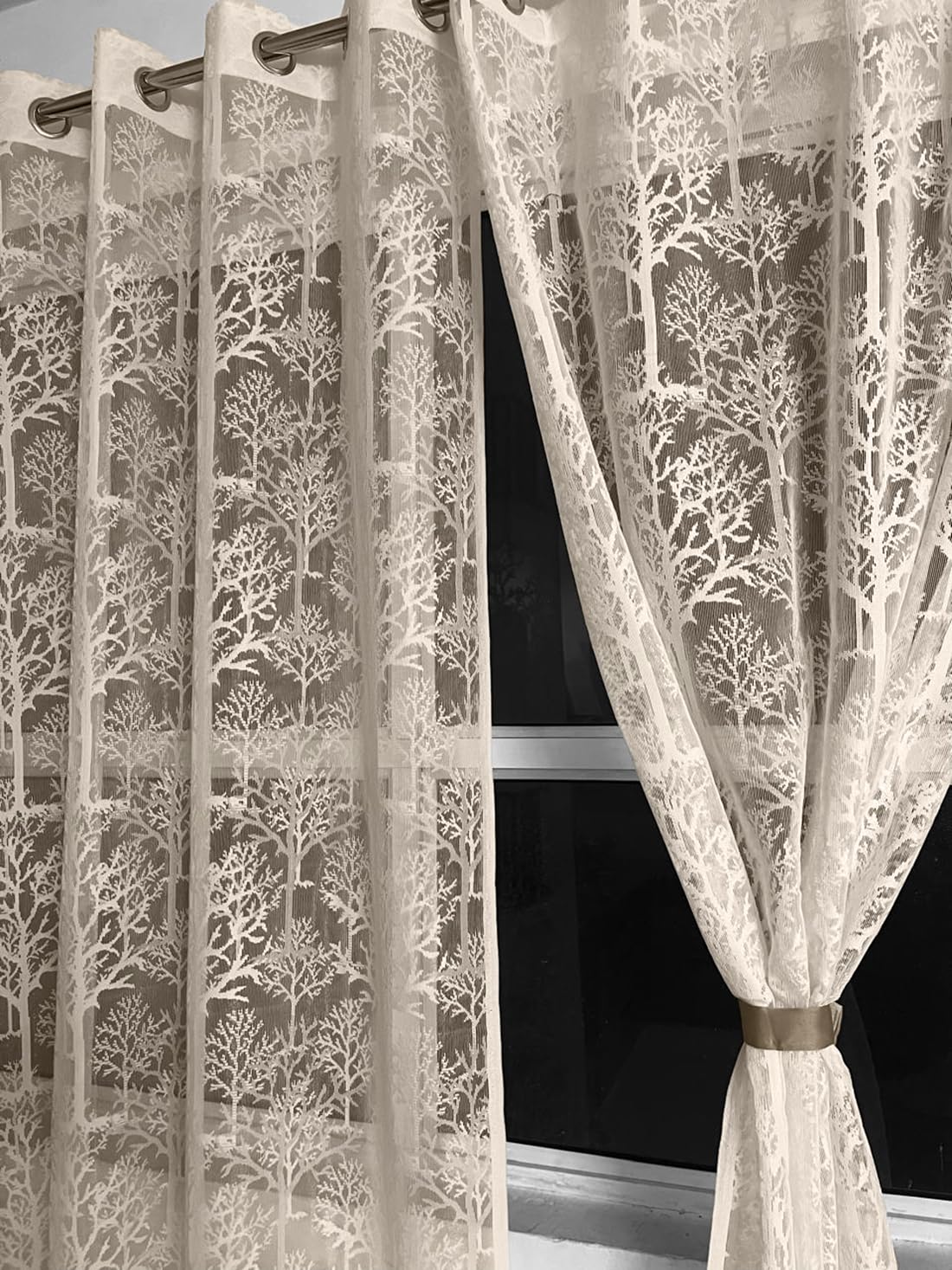 Fabrilia Sheer Net Semi Transparent Grommet Decorative Curtain for Door 7 Feet Long Set of 2, Cream