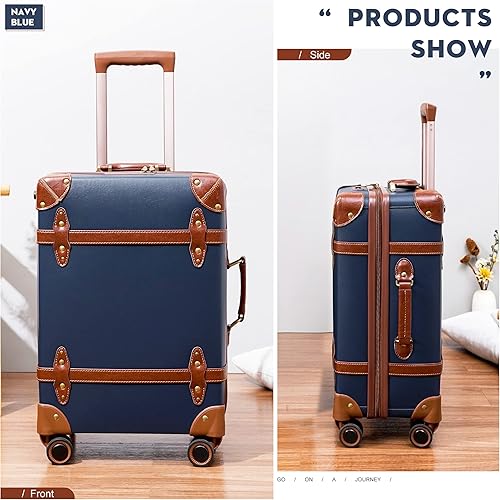 Miniatura 8 de NZBZ Juego de 2 piezas de equipaje vintage, maleta giratoria ligera y rígida con cerradura TSA y 8 ruedas, Azul marino, 14inch & 28inch, Equipaje