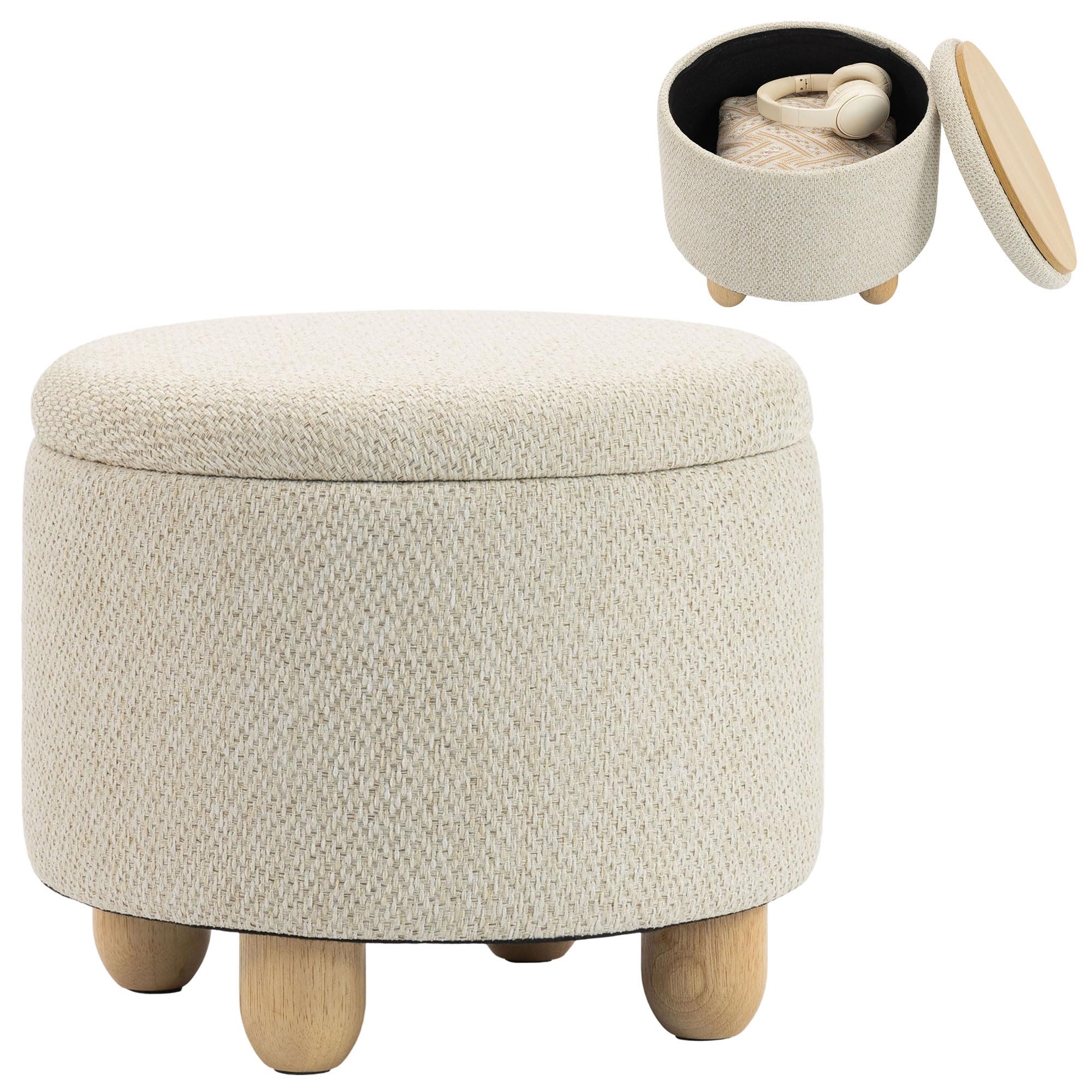 HOMCOM Pouf Contenitore Rotondo 19L con Coperchio 38.5x38.5x33.5 cm Beige | Tessuto Effetto Iuta, Sgabello Contenitore, Capacità 120kg, Camera da Letto, Soggiorno, Ingresso