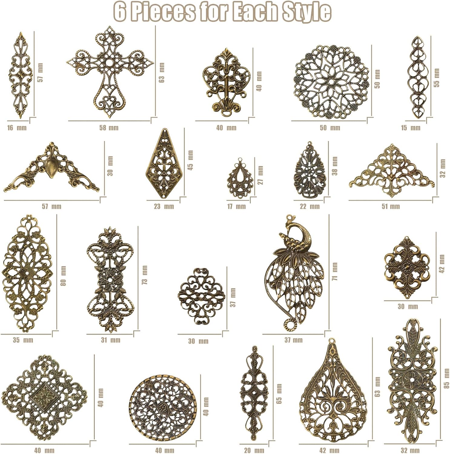 120 Pieces Filigree Connectors Charms Pendants Decoration Supplies Tibetan Metal Filigree Findings Embellishments for DIY Hairpin Necklace Earring Jewelry Making - Image 3