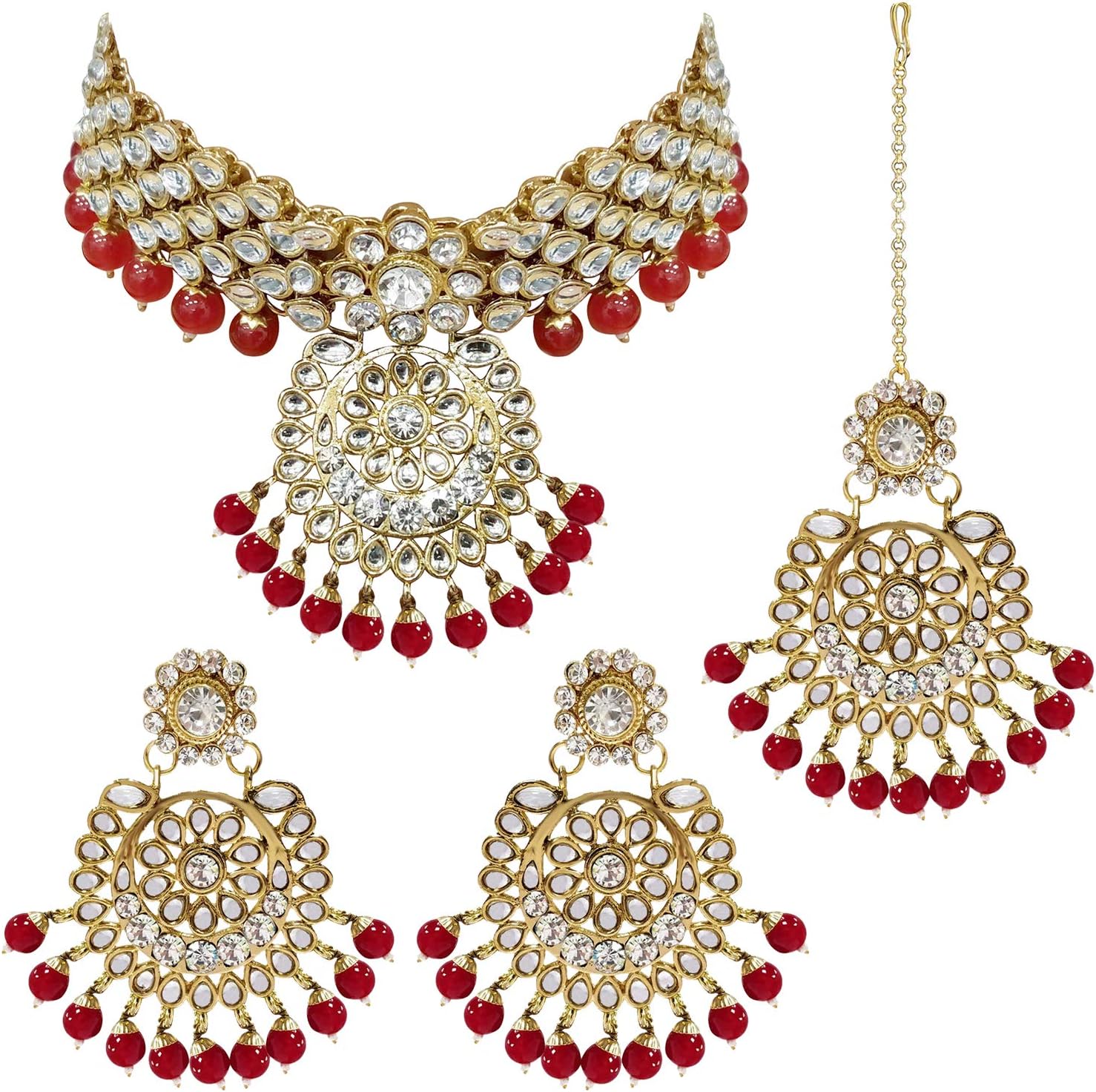 Aheli Elegant Wedding Party Wear Faux Kundan Studded Short Necklace Earrings with Maang Tikka Set Indian Ethnic Bollywood Fashion Jewelry Gift for Women