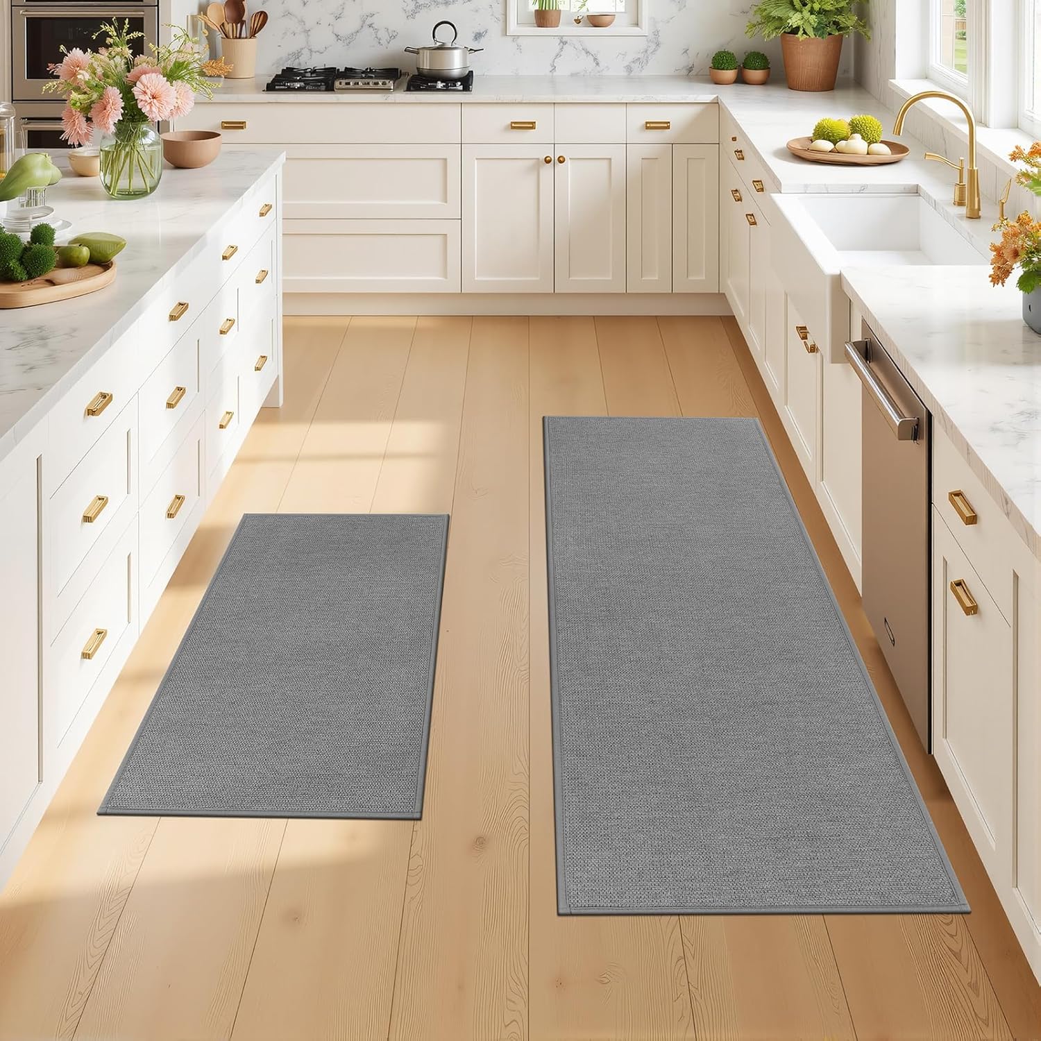 Pauwer Kitchen Rugs Sets of 2, Non Slip Machine Washable Soft Kitchen Mats for Floor with Rubber Backing, Quick Dry Absorbent Durable Floor Runner for Sink, Hallway, Laundry, Light Grey