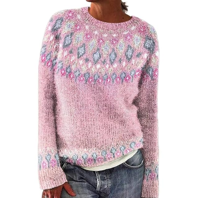 Vintage Fair Isle Sweater Women Plus Size Knitted Prints Crew Neck Cropped Pullover Sweaters Fall Winter Jumper 2025