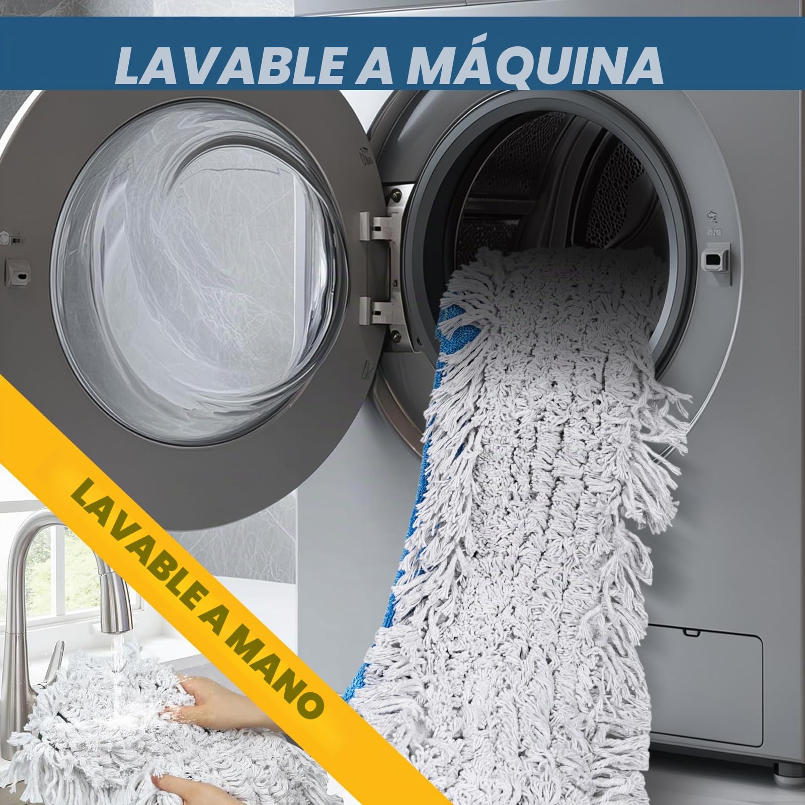 MASTERTOP - Mopa comercial, 107 cm, resistente, mango largo de 132 cm, industrial, grande, madera dura, azulejos, laminado, garaje, escuela, centro comercial, 1 almohadilla de algodón, 1 de microfibra