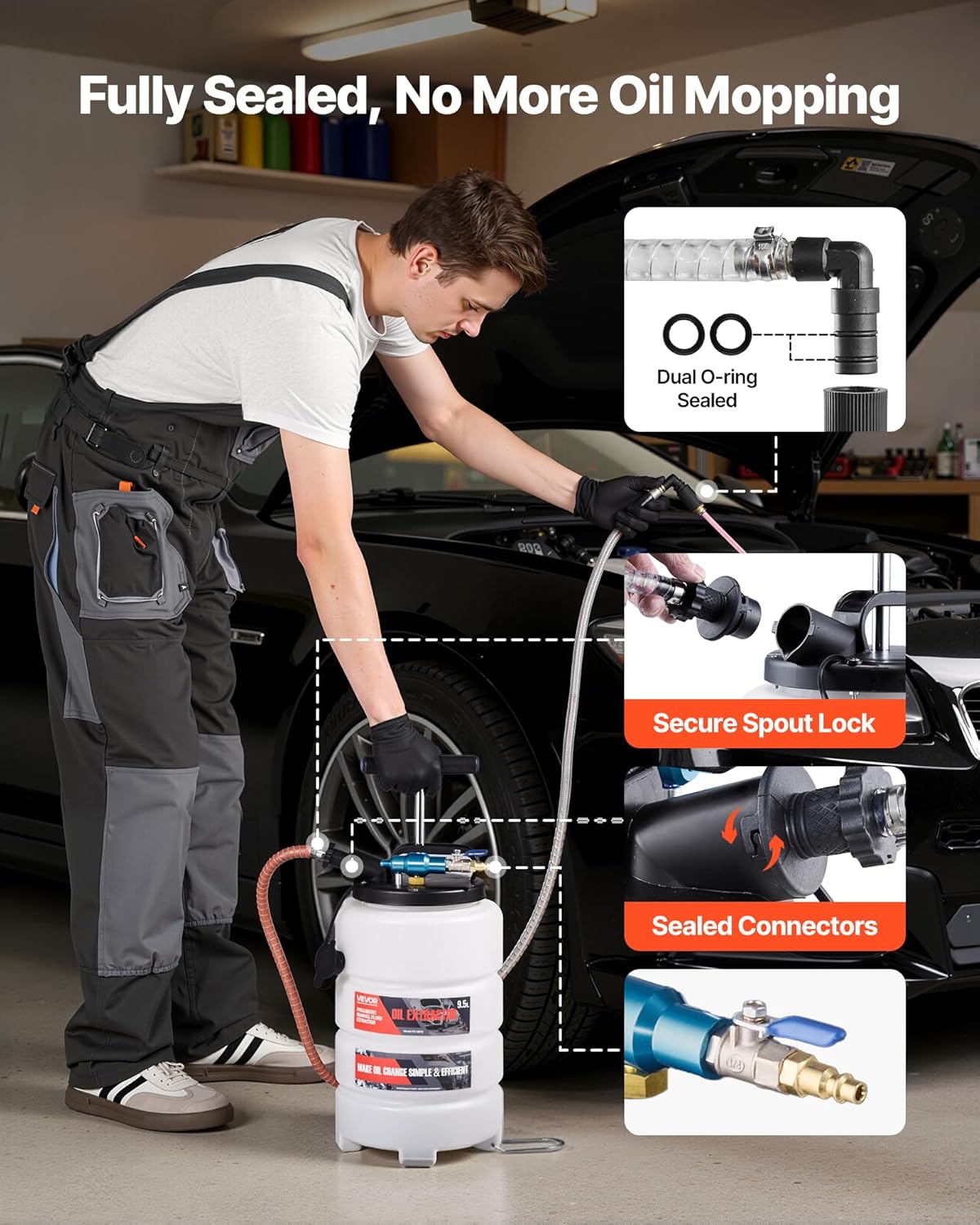 VEVOR Fluid Extractor, 9.5 L Capacity, Pneumatic/Manual Vacuum Oil Extractor Pump with 59 in Long Horse & Three 47 in Extension Tubes, Oil Change Pump with PE Tank for Cars, Lawn Mowers, Boats