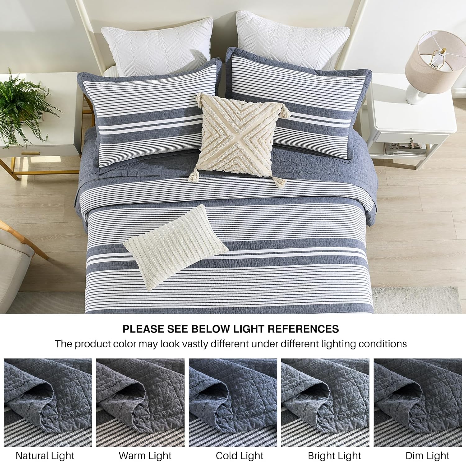 DDUOXIN Modern King Bedspread 120" W x120 L - 100% Cotton Waffle Texture Oversized Quilt with 2 Pillow Shams, Stripe Reversible 3 Piece Bedding Set, Folkstone/White