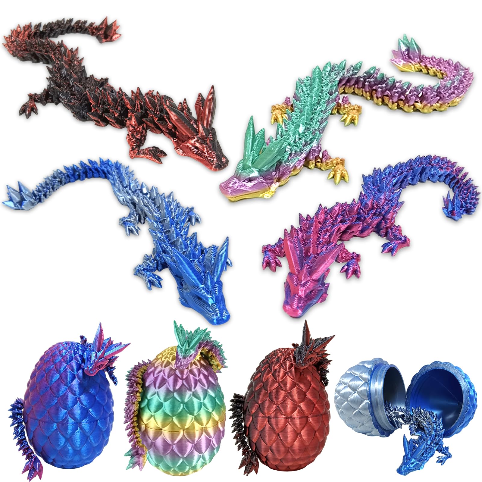 3D Printed Dragon in Egg,4 Pack 3D Printed Dragon Egg with Dragon Inside Articulated Crystal Dragon Figurine Easter Basket Fillers 3D Printed Fidget Toy for Christmas Birthdays Home & Office Decor