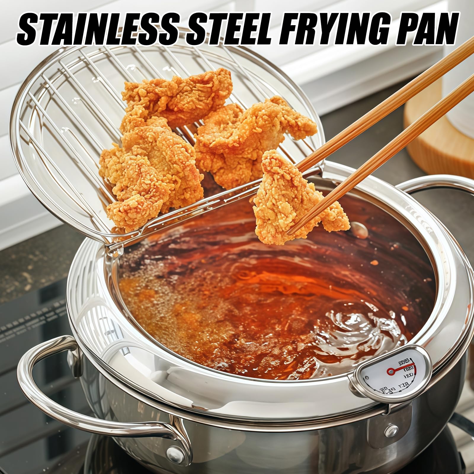 Frittiertopf Im Japanischen Stil: 304 Edelstahl Frittiertopf Mit Sieb, 2,2L Fritteuse Topf mit Thermometer, Spiegelpolierte Oberfläche Tempura Fritteuse für Pommes Frites, Hühnerflügel Und Garnelen