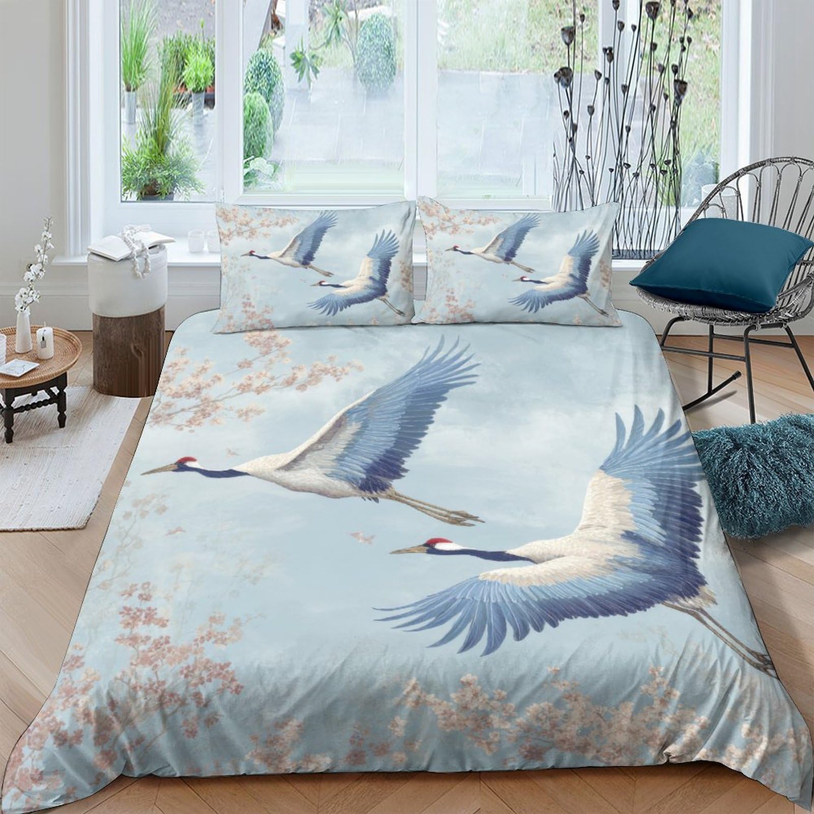 GPLZQXKJNH 3D Printed Flying Crane Duvet Cover Microfiber Soft Breathable Sakura Quilt Cover Set with 2 Pillowcases for Bedroom Single（135x200cm）