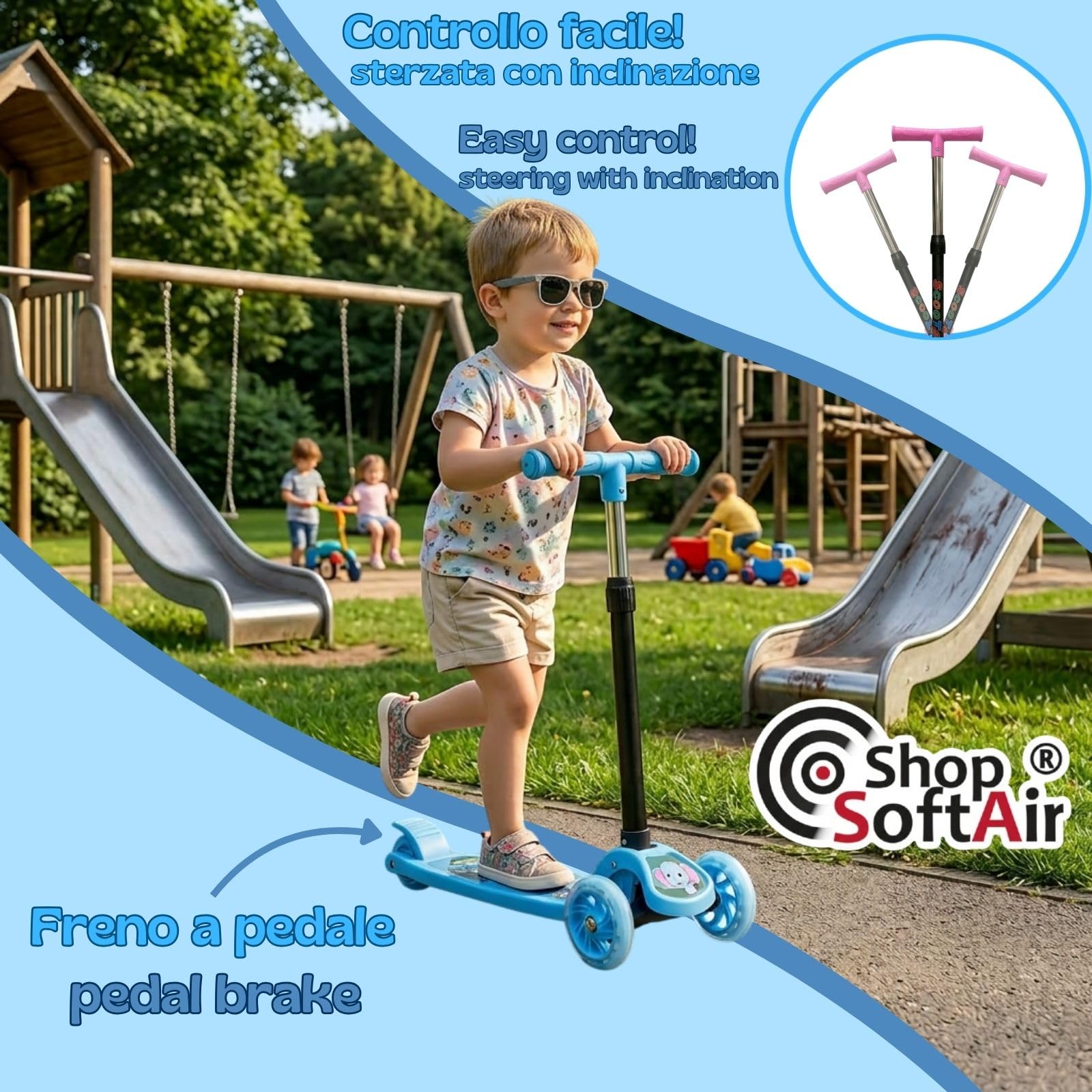 Monopattino 3 Ruote per Bambini 3+, Manubrio Regolabile in 4 Altezze, Ruote LED, 4 Colori, Max 20 kg