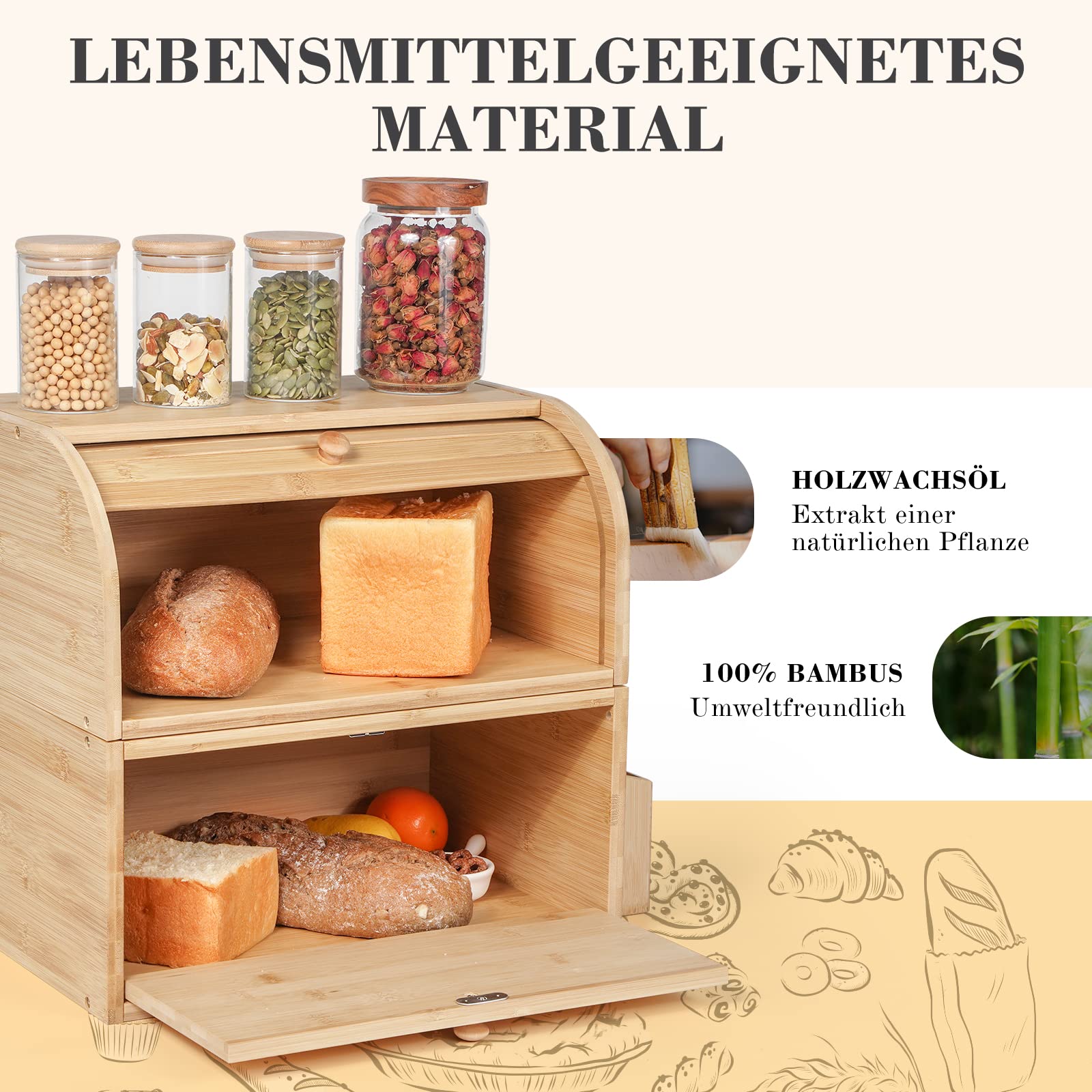 GUUSII HOME Brotkasten Holz Bambus Gross Retro Eco Brotbox Rolldeckel Doppellagig Stapelbar Brot Aufbewahrungsbox Größe 38x25x36cm Brotkästen Matt Natur für Frischhalten und Lecker Brot