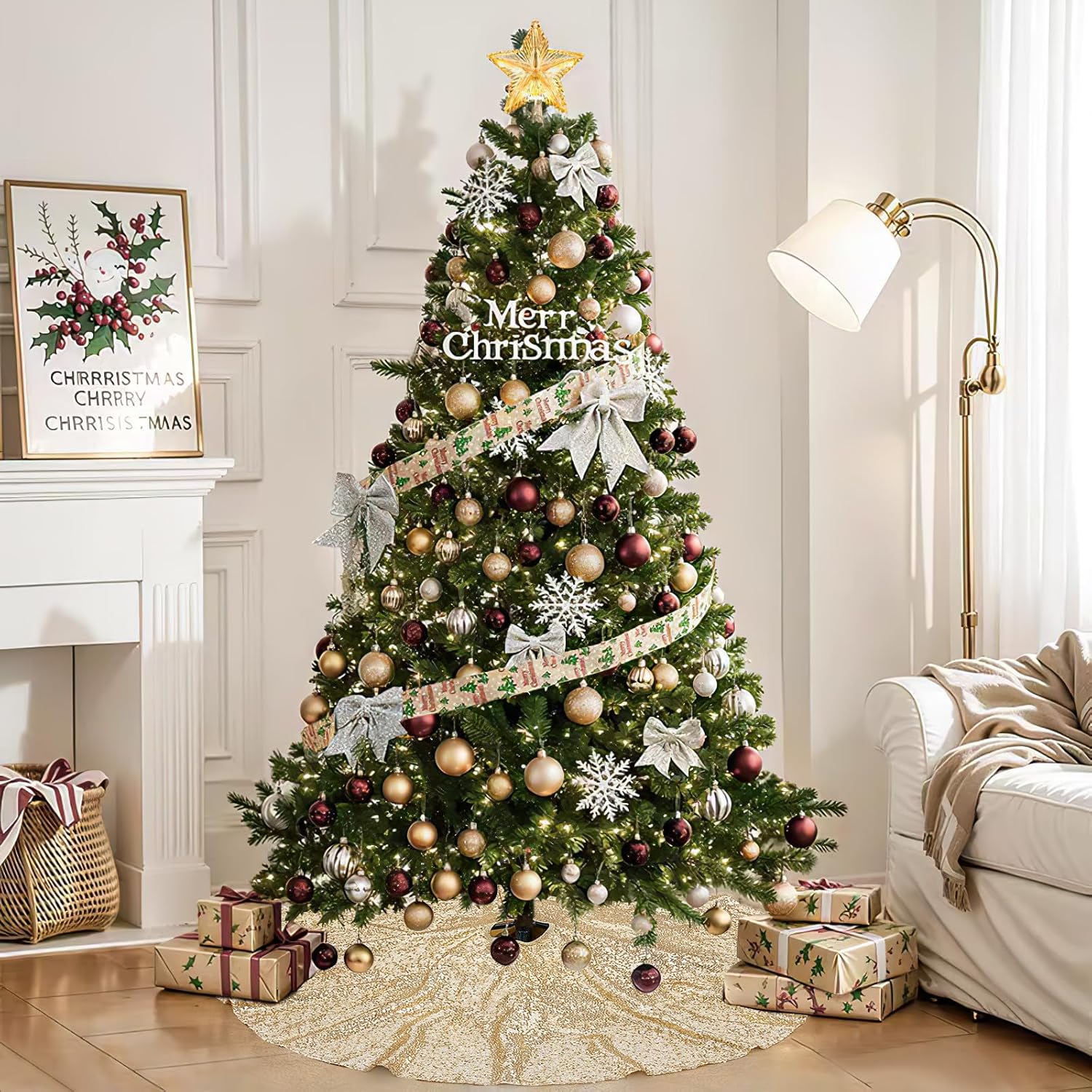 B-COOL 36inch Tree Skirt Sequin Trees Mats Christmas Champagne Pencil Tree Skirts Knit Mats for Christmas Holiday Party Decorations