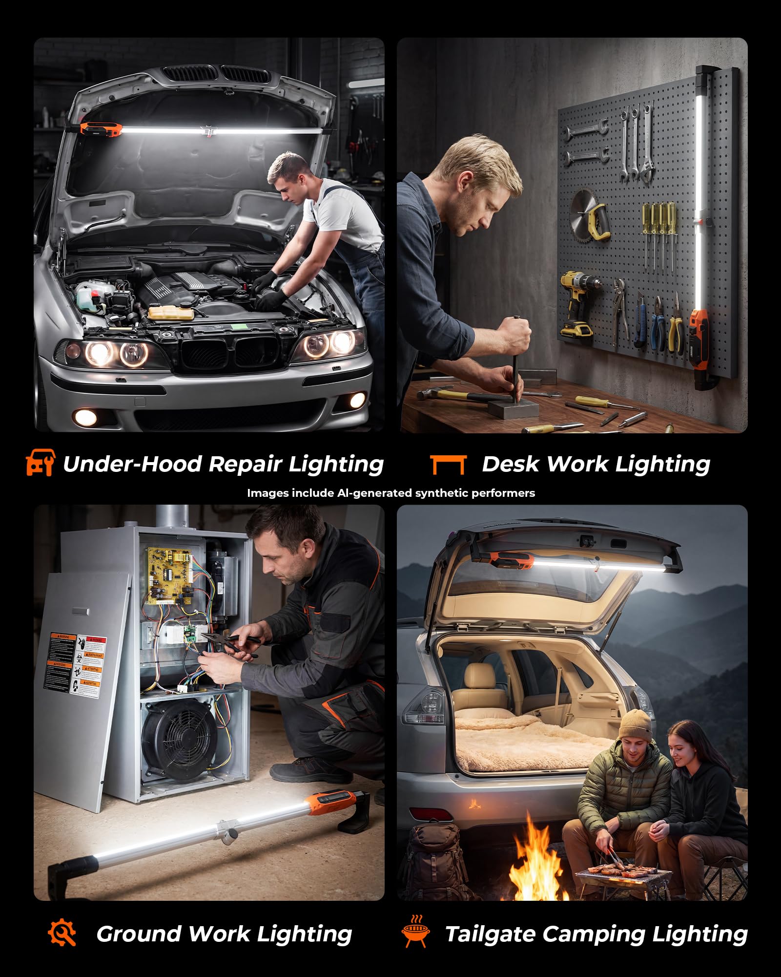 Unterhauben-Arbeitslichtleiste, 180 ° faltbares mechanisches Licht & 360 ° drehbarer Ständer, ausziehbar 115 cm - 185 cm, 1800 lm wiederaufladbares LED-Arbeitslicht, 2-in-1-Lademodi, Motorraum-Licht