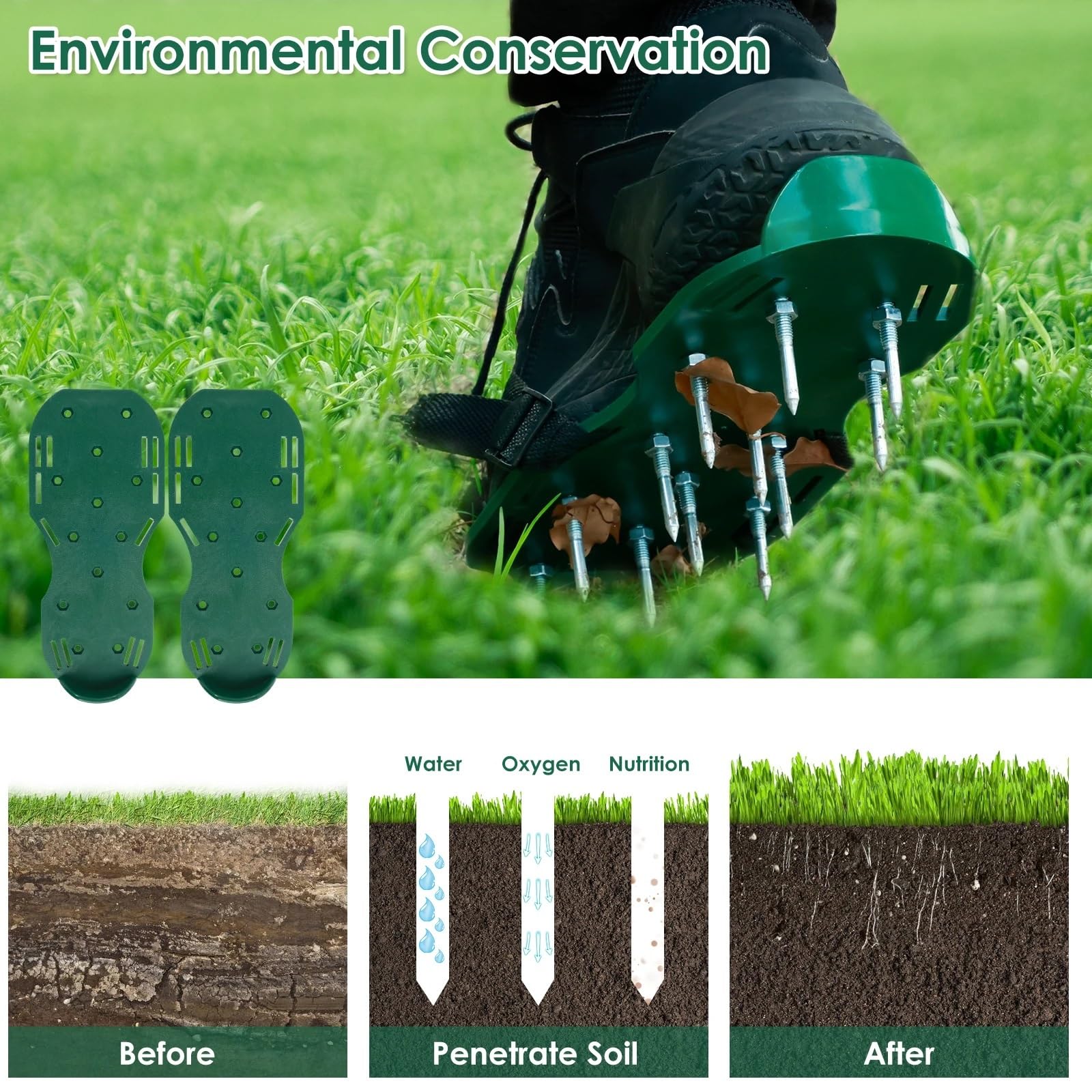 Nagelschuhe Rasenbelüfterschuhe Manueller Rasenbelüfter mit Spikes Einstellbare Spike-Belüftungssandalen Wiederverwendbare Rasenbelüfter-Sandalen aus Kunststoff Rasen(Green 6pcs)