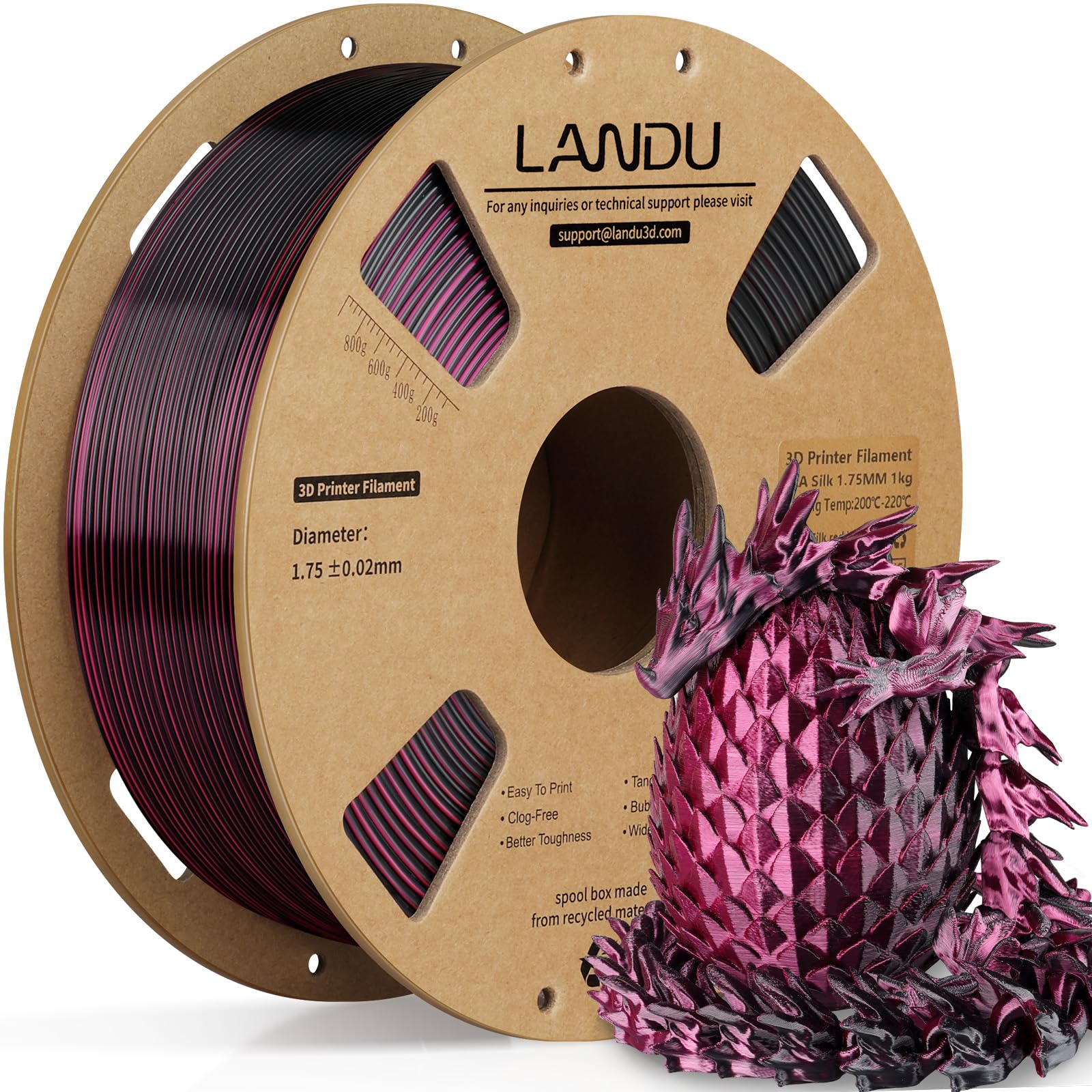 LANDU Silk Dual Color PLA Filament 1.75mm 1KG, 3D Printer Filament Dimensional Accuracy +/- 0.02mm, Coextrusion Filament PLA Shiny Filament Fits for Most FFF 3D Printers,1KG Spool (2.2lbs) Red Black