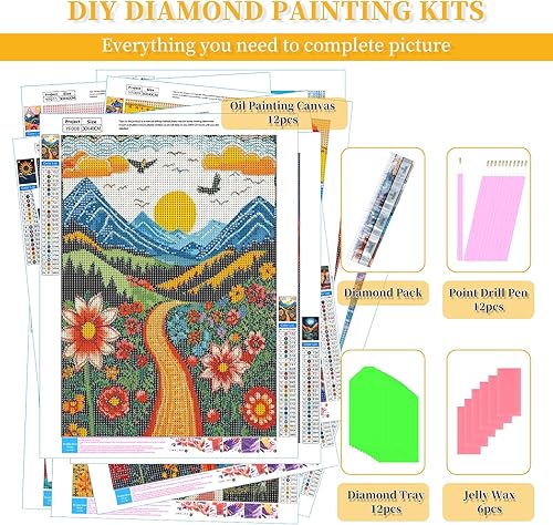 Miniatura 3 de BWFY Paquete de 12 kits de arte de diamantes para adultos, kits de pintura de diamantes 5D para principiantes, paisaje abstracto, bricolaje, arte