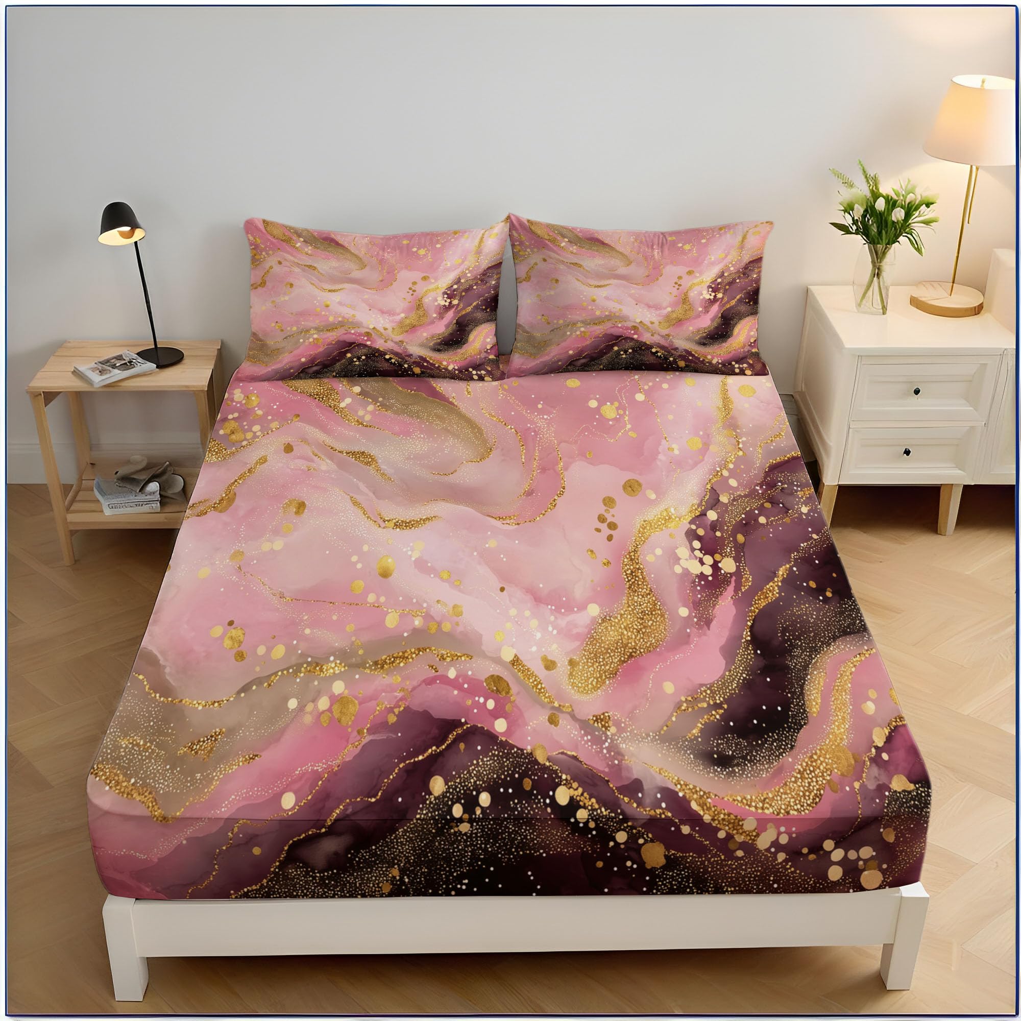 Drap housse en microfibre 160x200 cm à motif marbre rose gold