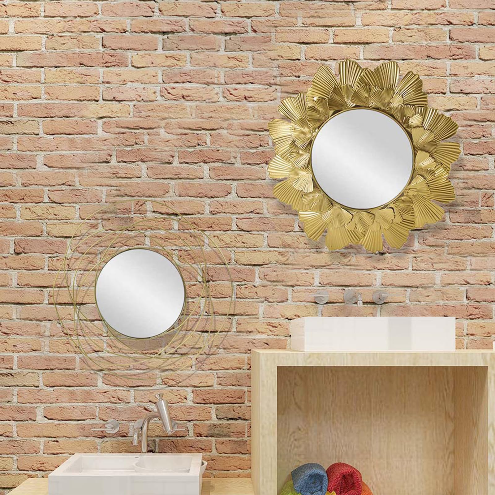 Espejo decorativo para el sol, metal, hoja de oro, espejo redondo para baño, diámetro exterior 37 cm, espejo de 15 cm (dorado)