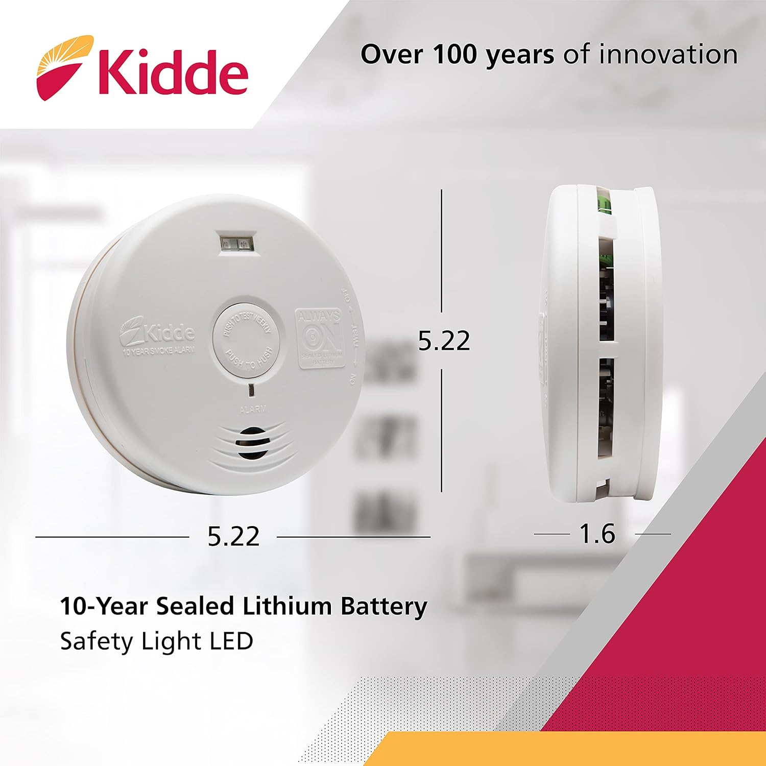 Kidde Smoke Detector with Safety Light for Hearing Impaired, 10-Year Battery Smoke Alarm, Ideal for Hallways or Deaf People