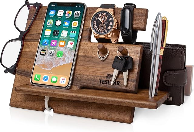 Teslyar Gift for Men Natural Walnut Wooden Phone Docking Station for Desk for Husband Gift for Dad Wife Anniversary Male Dad Birthday Nightstand Organizer Key Holder Wallet Stand (Bronze)
