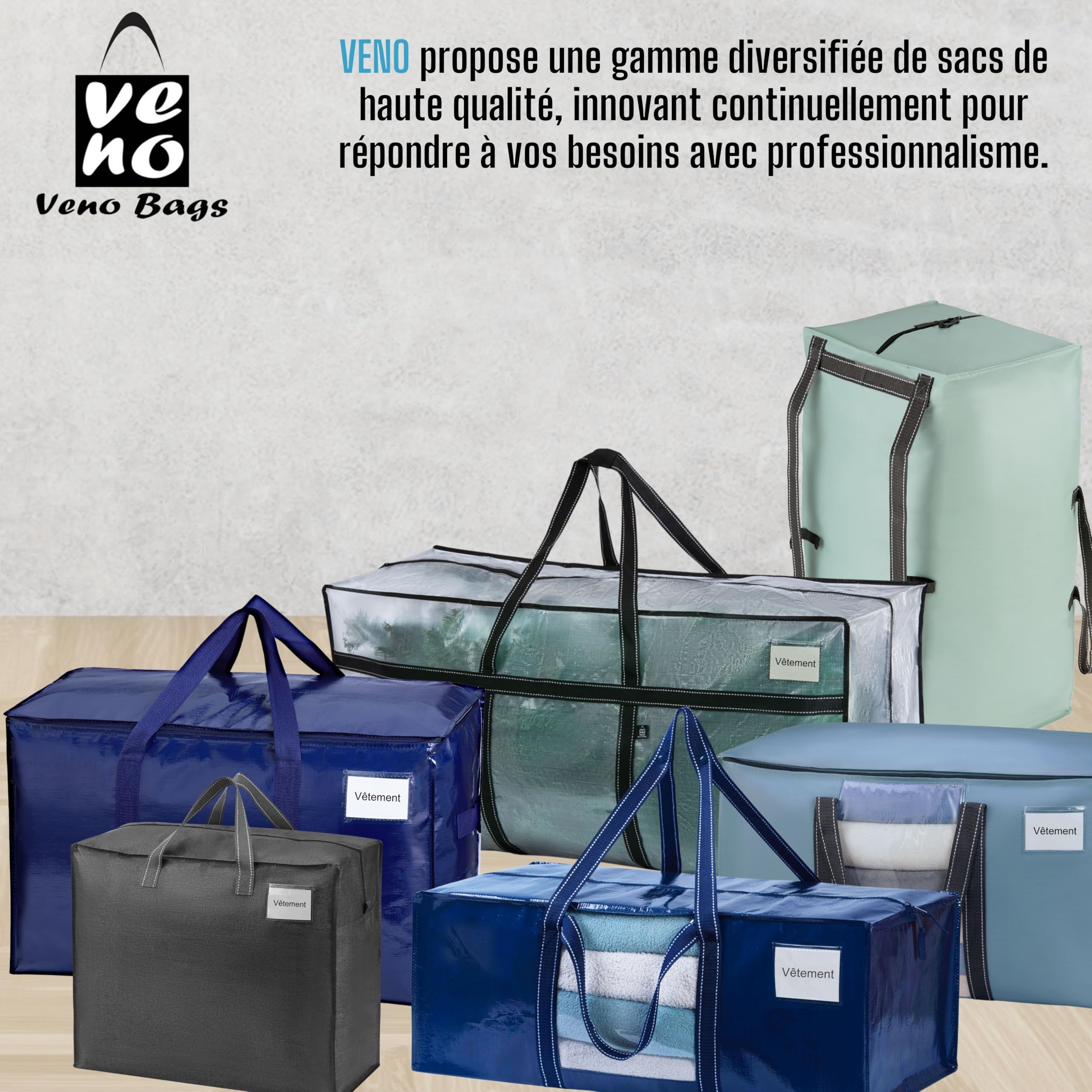 VENO Sac Demenagement Grand Format, Sac de Rangement Vêtement Pliable avec Grande Ouverture Zippée et Poignées Renforcées, Alternative aux Cartons Déménagement (Bleu Clair, Lot de 4)
