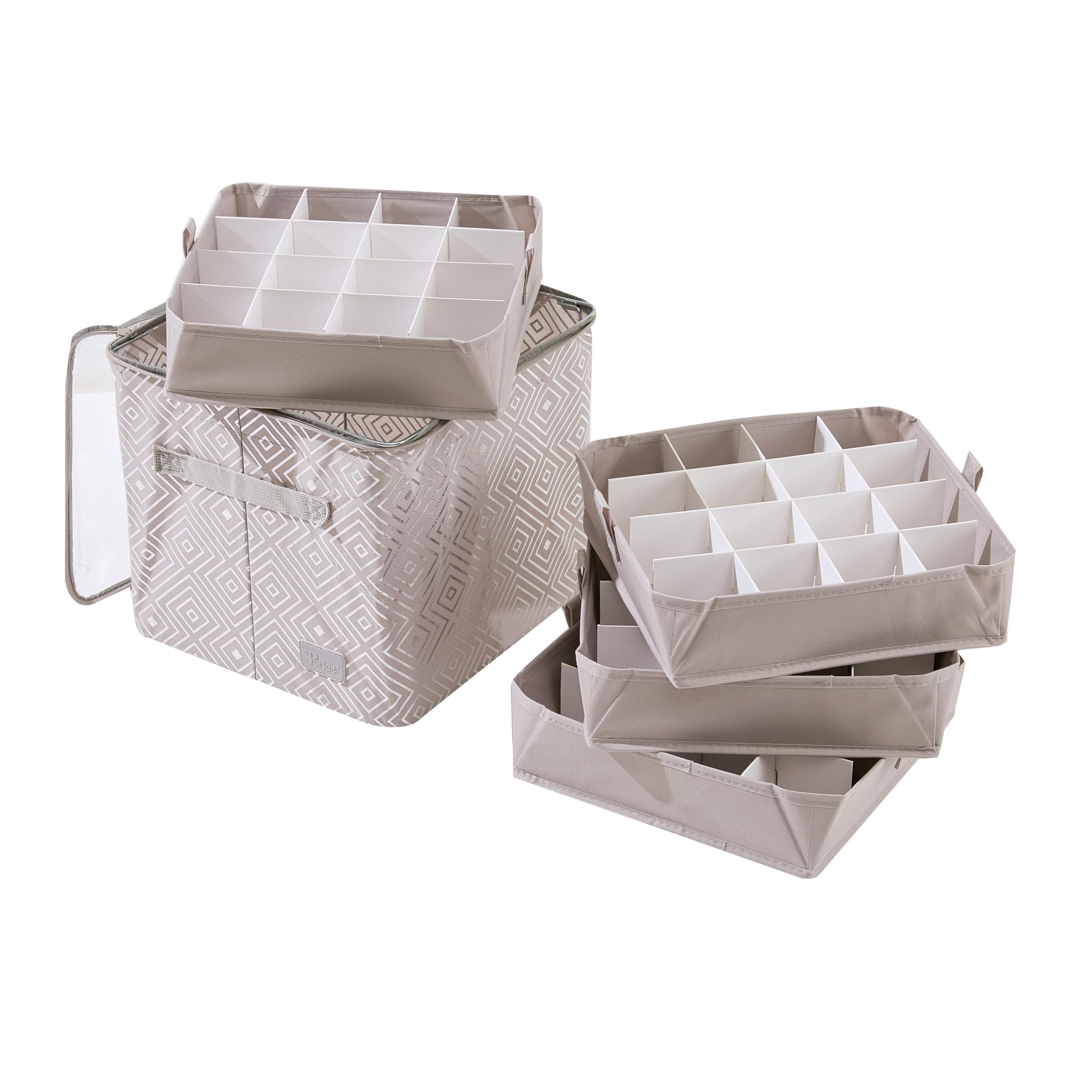 Periea 'Carol' Christmas Bauble Storage Box with 64 Slots: Collapsible with Metal Frames, Dividers, and Zippered Closure - Ideal for Delicate Xmas Ornament Decorations & Baubles - Silver Geo