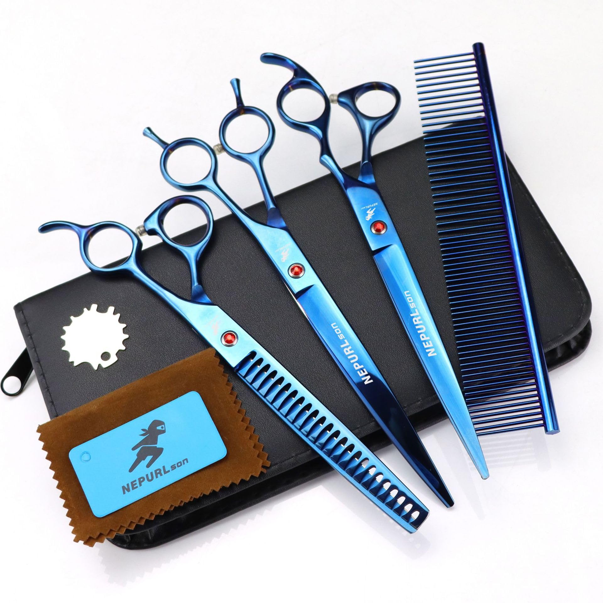 3-Piece Professional Dog Grooming Kit, 8.0-Inch Blue 440C Steel Shears Set with Straight, Curved, and 7.5-Inch Thinning Scissors for All-Breed Shaping, Finishing, and Styling,B