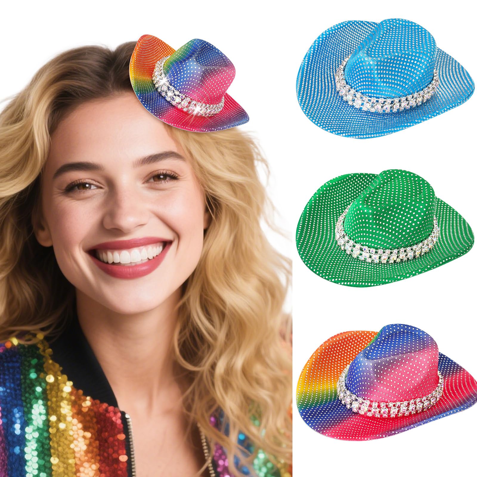 Bohend Mini Western Cowboy Hats Glitter Cowgirl Hat Hair Clips Disco Party Decors Cosplay Costume Accessories 3Pcs