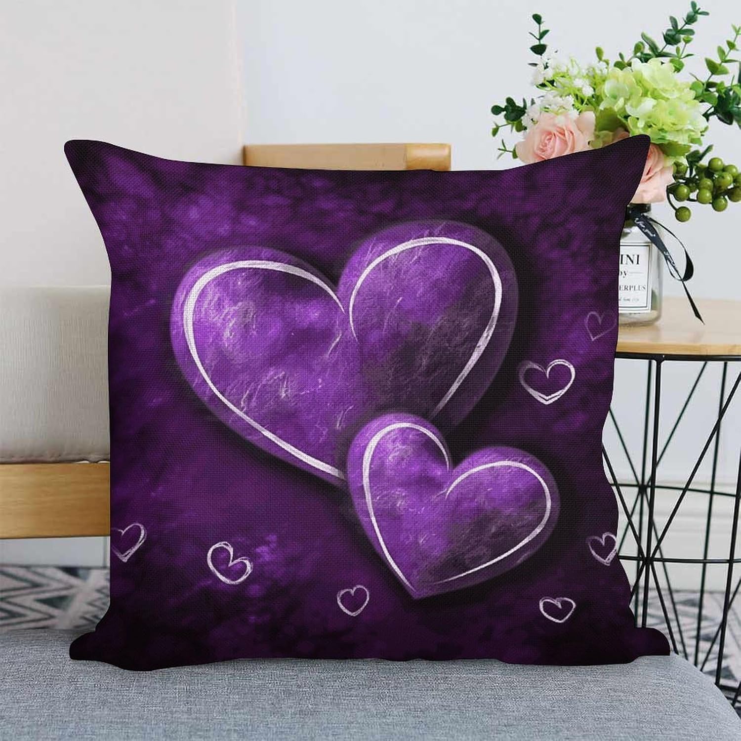 Purple Hearts Pillow Protectors Cute Waterproof Pillow Cover Soft Skin-Friendly Cushion Case Decorative Square Cushion Cover for Couch Sofa Bed Living Room Bedroom