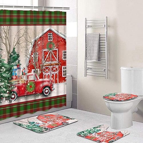 Alishomtll Juego de 4 cortinas de ducha con moquetas, color rojo vintage con cortina de ducha y alfombras, juego de decoración de baño con árbol de