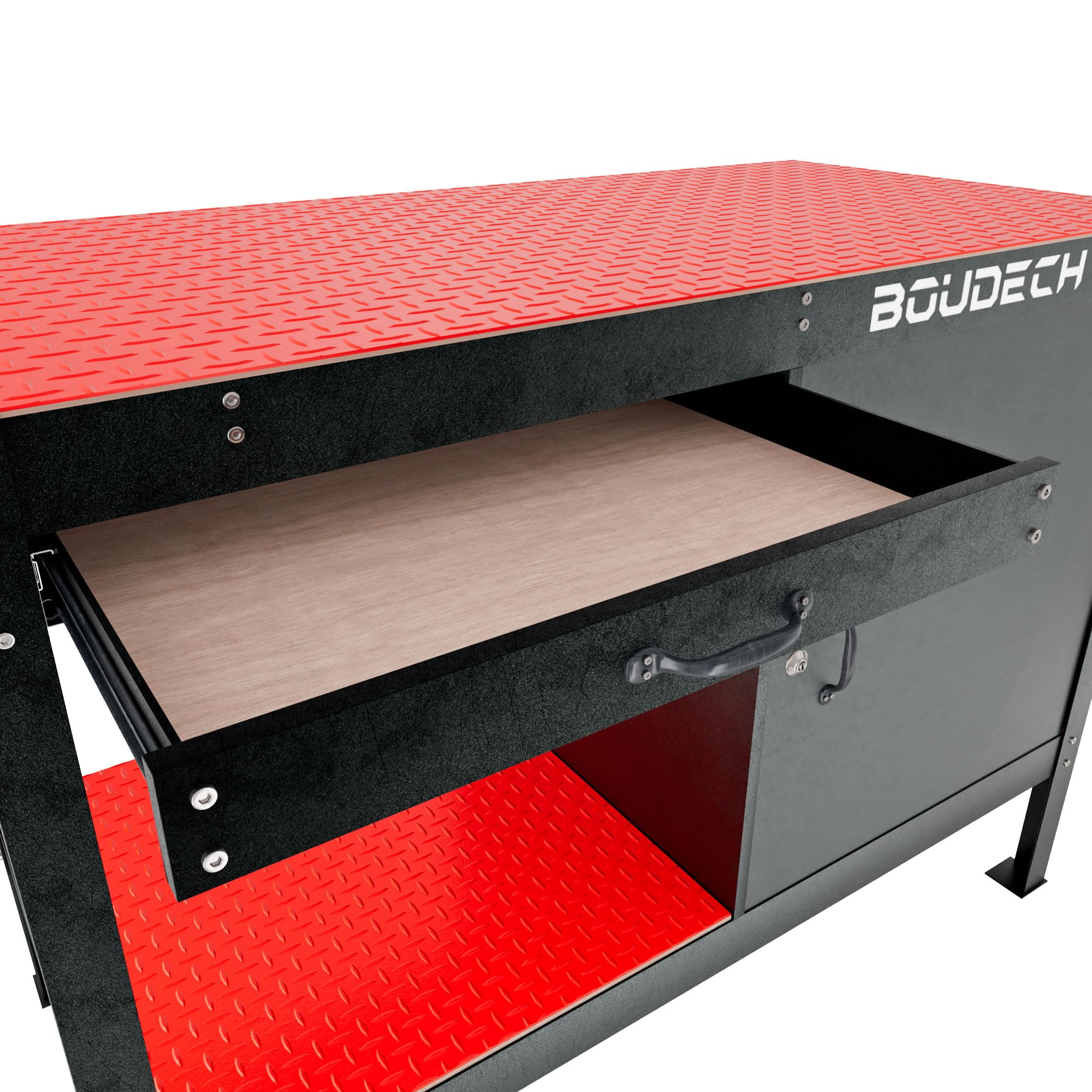 BOUDECH® MANNY - Banco da Lavoro 120x60 cm con Cassetto Porta Utensili 1 Anta e 1 Ripiano Aperto in Metallo Nero