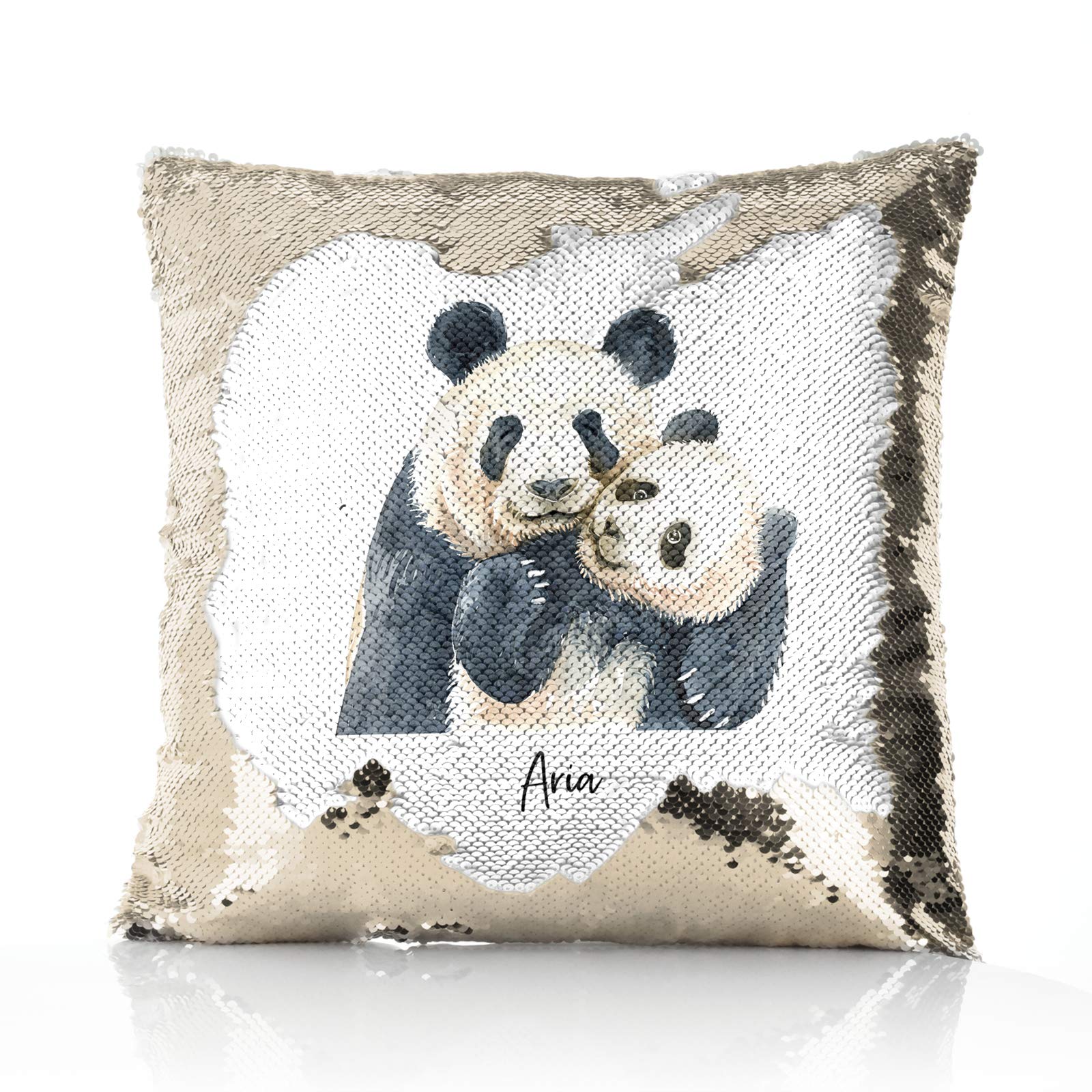Hairyworm Personalised Cushion, Champagne, Silver, Blue, Red or Gold Squin Flip Square Cushion Customised with Initial/Name/Text, Mother and Baby Panda Cuddle Design Print, Square Pillow
