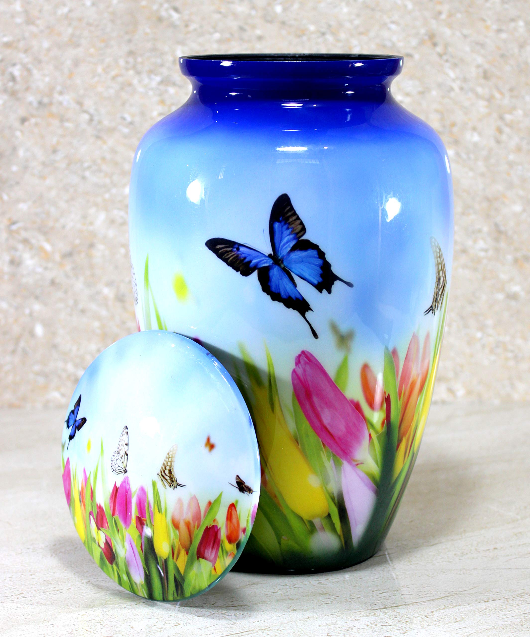 eSplanade Urne funéraire en métal | Urne funéraire taille normale pour cendres funéraires | Imprimé papillon avec fleurs | Bleu – 25,4 cm
