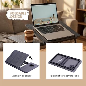 Foldable Laptop Table Tray Desk with Cup Holder | Portable Lap Table & Lap Tray for Bed, Sofa & Couch, Adjustable Folding Laptop Stand for Work, Study & Reading, Compact Notebook Desk for Home Office