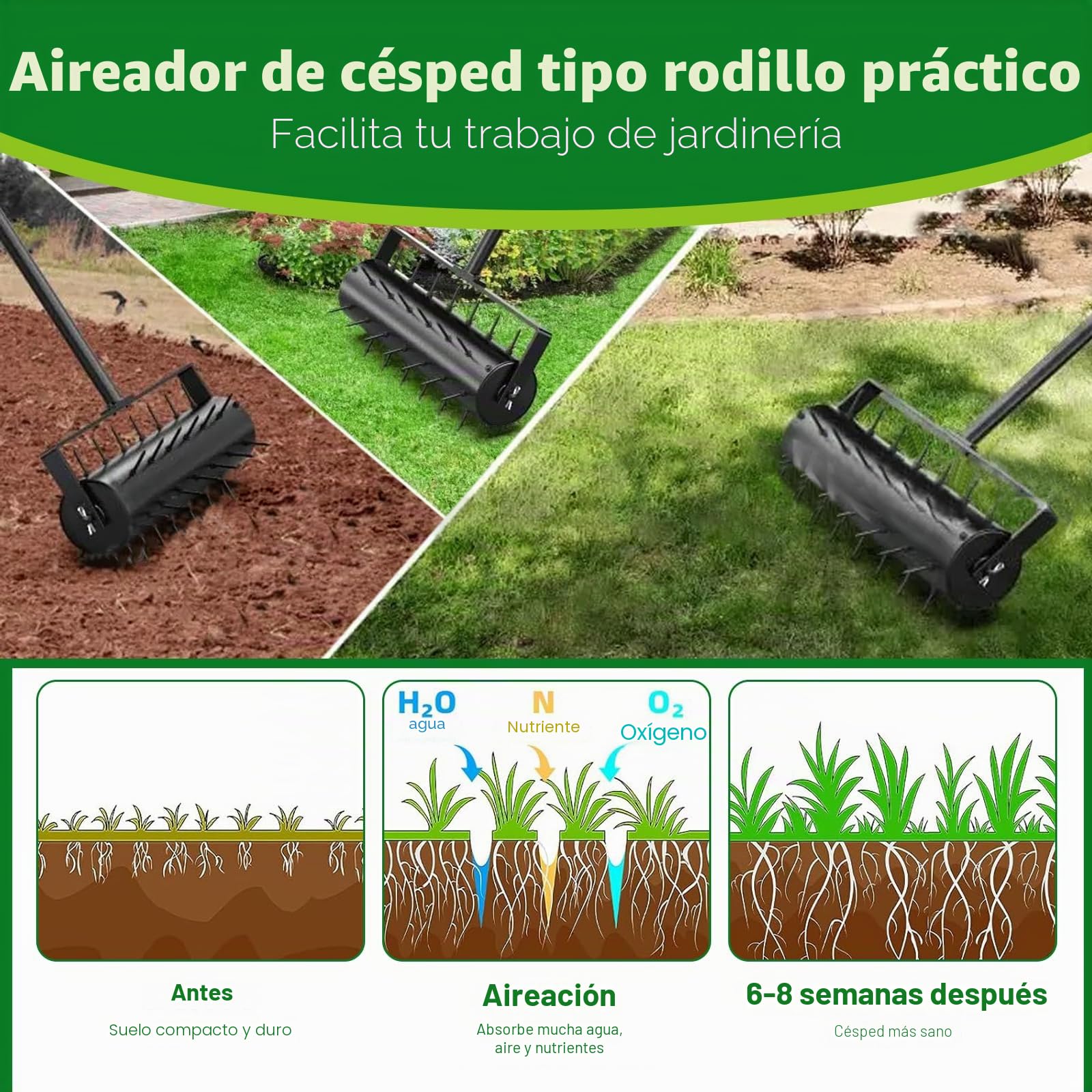 JAOGAUS Aireador y Escarificador de Césped Manual, Rodillo con Mango de Metal Extraíble Telescópico Ajustable de 3 Niveles, Clavos de 5 Cm, Herramienta Resistente para Jardín y Patios