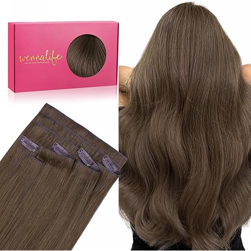 WENNALIFE Invisi Edge Real Human Hair Extensions, 18 Inch 130g 7pcs Light Ash Brown Seamless Clip in Extensions Remy Hair Clip Ins Invisible PU Skin Weft Extensiones De Cabello Hmano