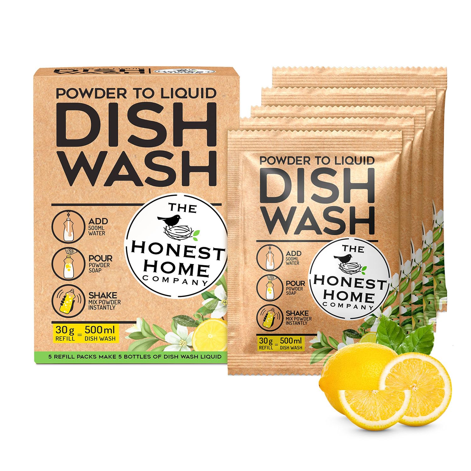 The Honest Home Co. | Dishwash Liquid Powder to Liquid Dish Wash Refills | 2.5 Litres | Gentle on Skin | Easy to Make | 5 Sachets (500ml/sachet) - Lemon-image-30
