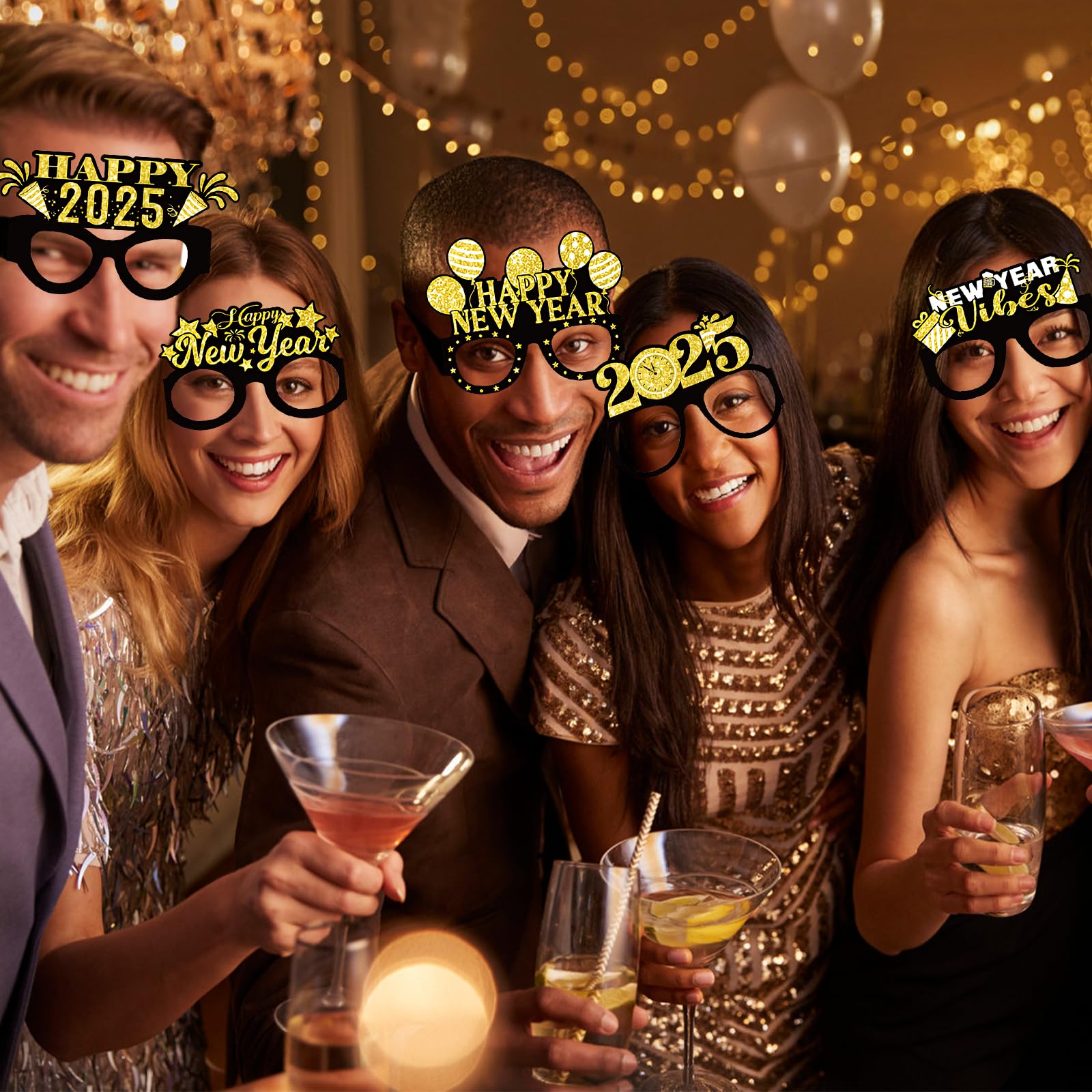 Runloon 12pcs New Year Glasses - Black & Gold 2025 NYE Party Supplies, Happy New Year Photo Booth Props