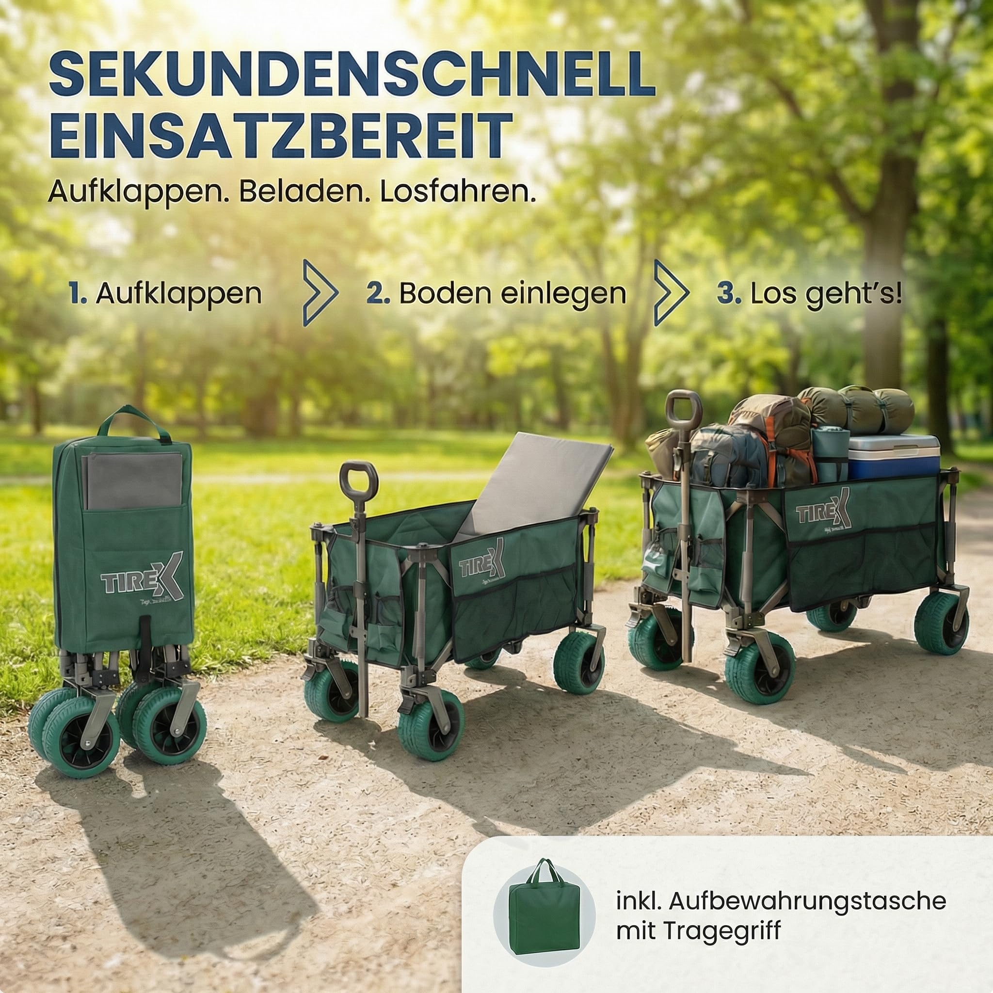 TIREX by xonic® Bollerwagen Faltbar PU XL Rädern aus Vollgummi – Strand & Garten Faltbarer verstellbarem Griff & Fußbremse – Robuster Transportwagen für Kinder & Camping (PU XL Räder, Grün)