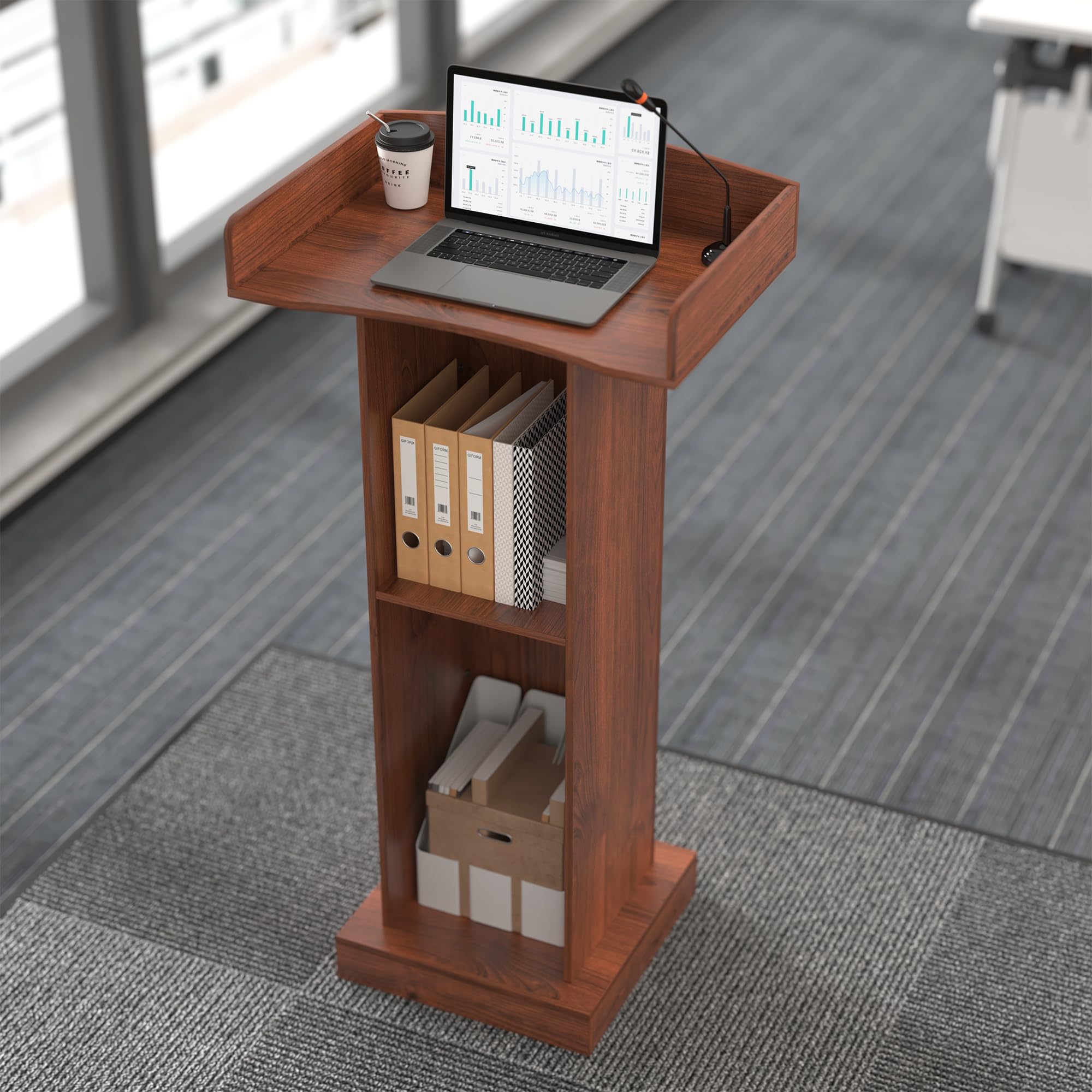 Podio de Pie de Madera con 2 Estantes 60cm×41cm×120cm Púlpito de Conferencias con Almacenamiento de 2 Niveles y Tope de Borde Atriles para Profesores Podios de para Conferencias Corpor