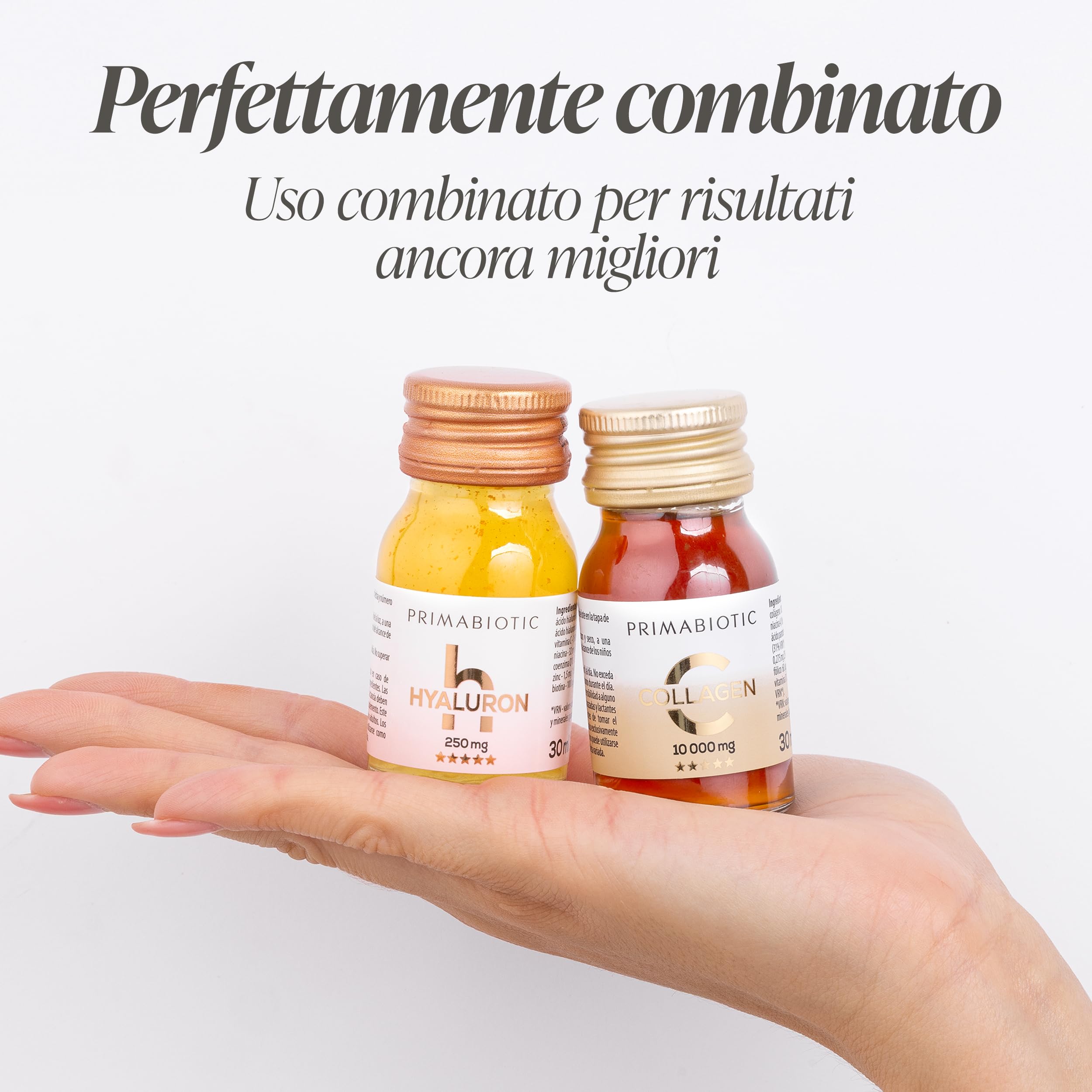 Collagene + Acido Ialuronico da Bere – Primabiotic Duo Pack | 60 Flaconcini da 30 ml | Collagen 10000 mg + Hyaluron 250 mg | Integratori Liquidi per Pelle Idratata e Luminosa
