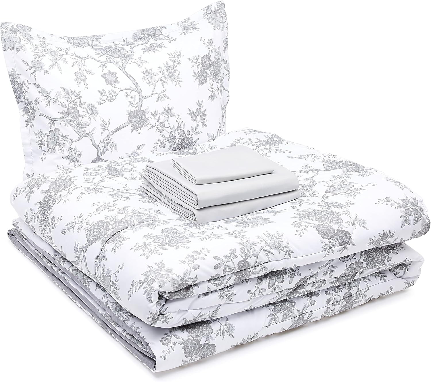  Basics 6-Piece Ultra-Soft Microfiber Bed-In-A-Bag Comforter Bedding Set - Twin/Twin XL, Grey Chinoiserie : Home & Kitchen